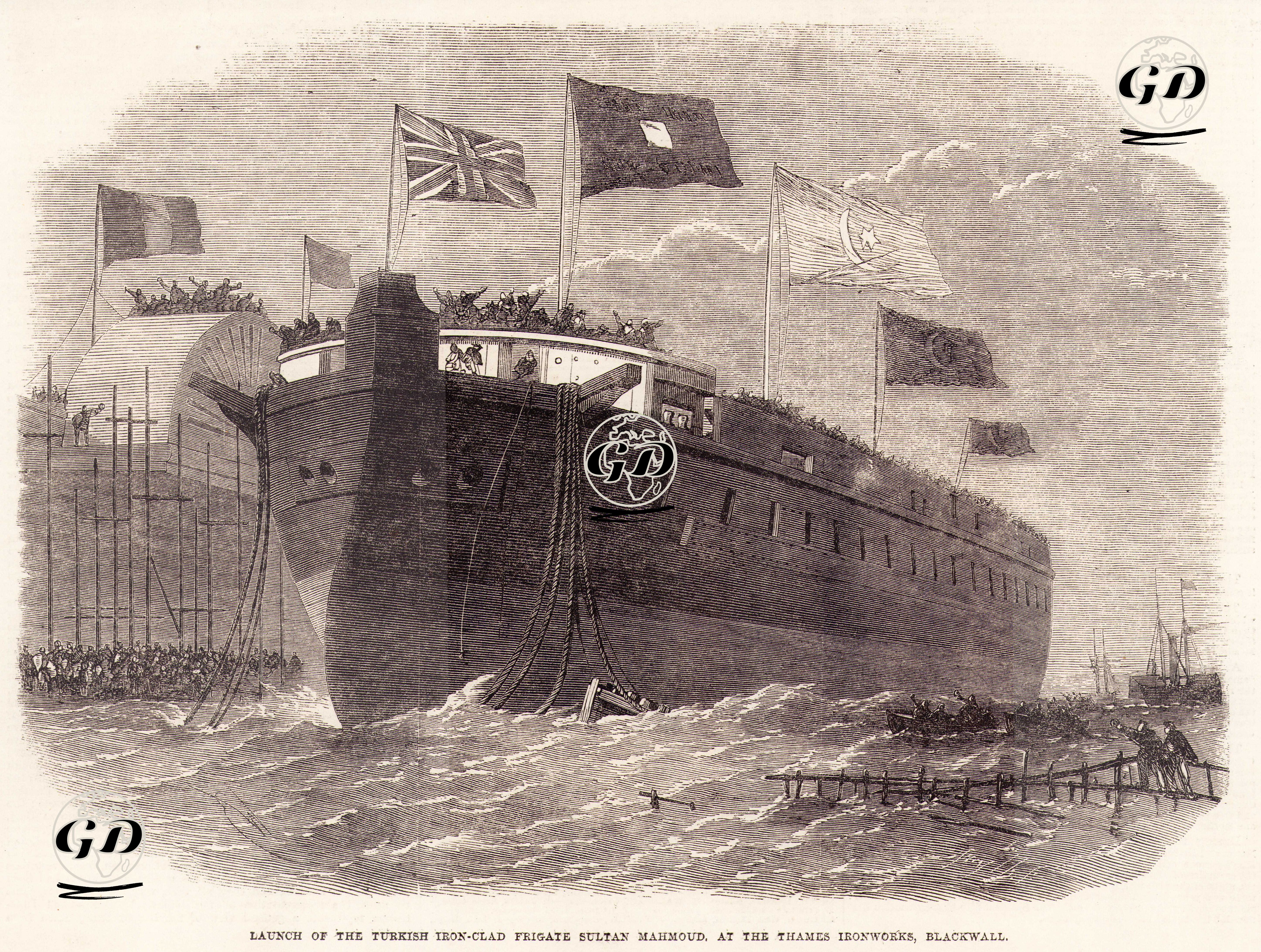 İngiltere Londra Blackwall'de Thames Ironworks Şirketi Tarafından Yapılan Türk Fırkateyni "Mahmudiye" Zırhlısının Denize İndirilişi  -  - 1864