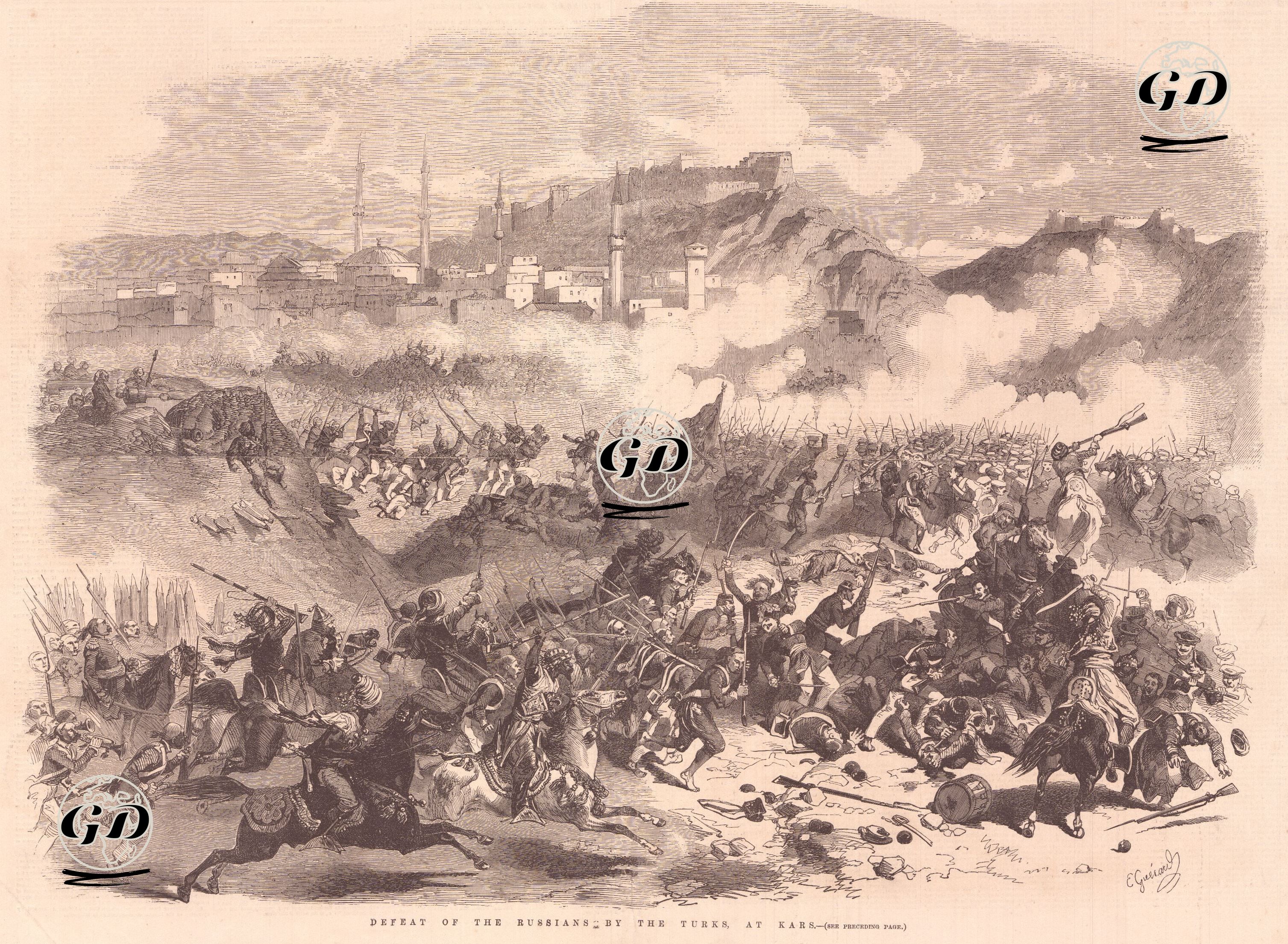 1853-1856 Osmanlı-Rus Savaşı (Kırım Savaşı) Sırasında 29 Eylül 1855 Tarihinde Kars'ta Türk Ordusu Tarafından Rus Ordusunun Yenilgiye Uğratılması (Kars Zaferi) - E.Guillaud - 1855
