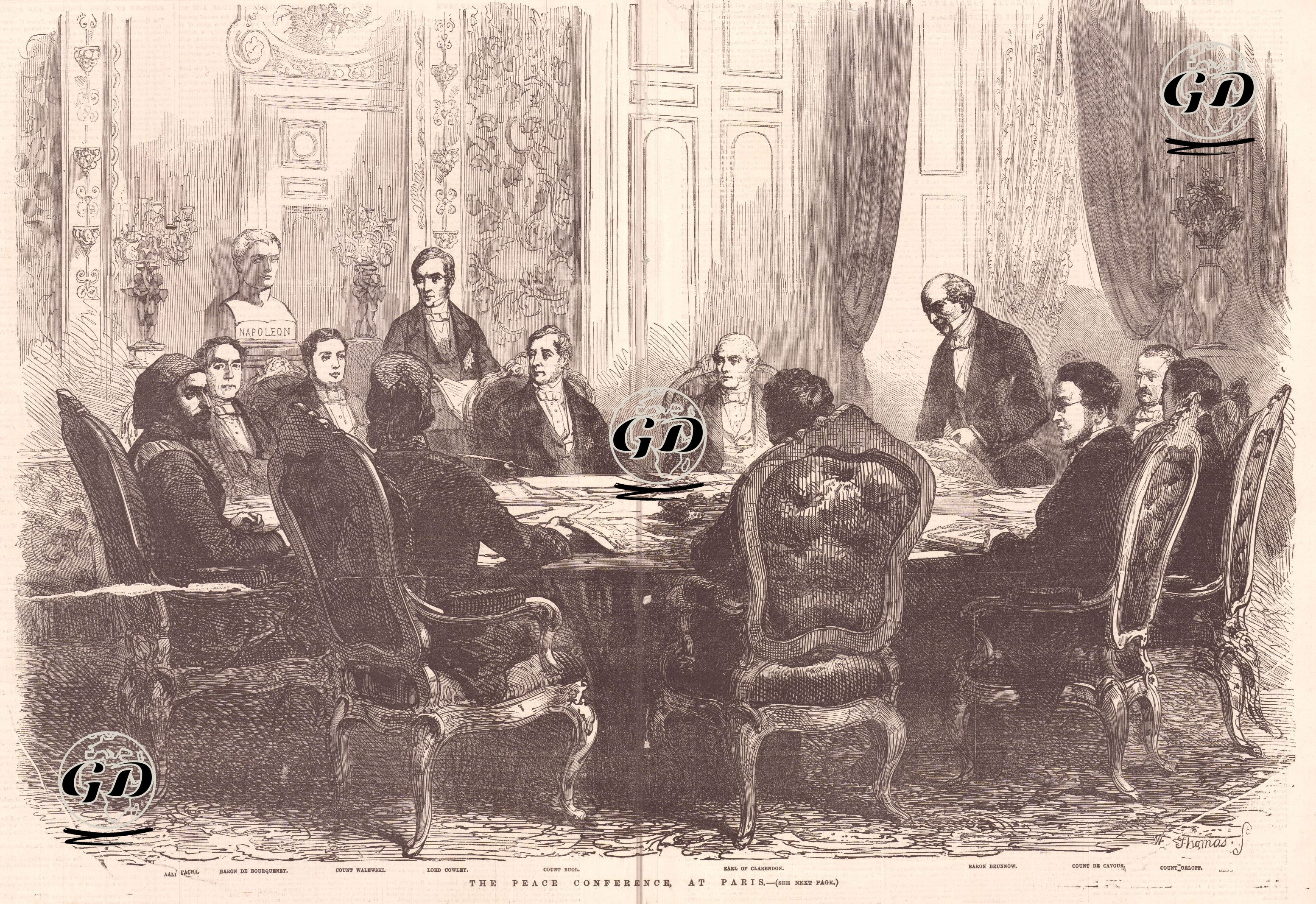 The Peace Conference At Paris-Around The Table, Aali Pacha, Baron de Bourqueney, Count Walewski, Lord Cowley, Count Buol, Earl of Clarendon, Baron Brunnow, Count De Cavour and Count Orloff -  - 1856