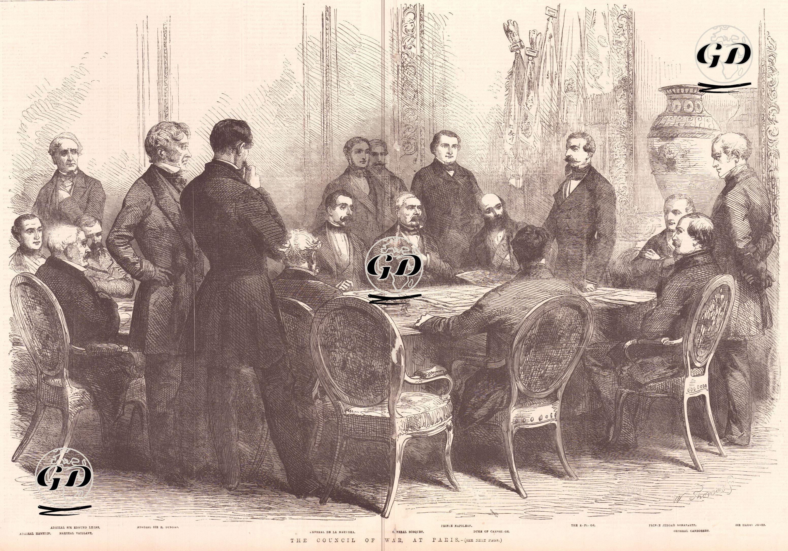 1853-1856 Osmanlı-Rus Savaşının (Kırım Savaşı) Sona Erdirilmesi İçin Yapılacak Barış Antlaşması Öncesi Yapılan Diplomatik Savaş Konseyi Toplantısı, Masada Bulunanlar, Amiral Edmund Lyons, Amiral Hamblin, Amiral R.Dundas, General de La Marmora, General Bosquet, Prens Napoleon, Cambridge Dükü, Fransa İmparatoru, Prens Jerome Bonaparte, General Canrobert ve Harry Jones -  - 1856