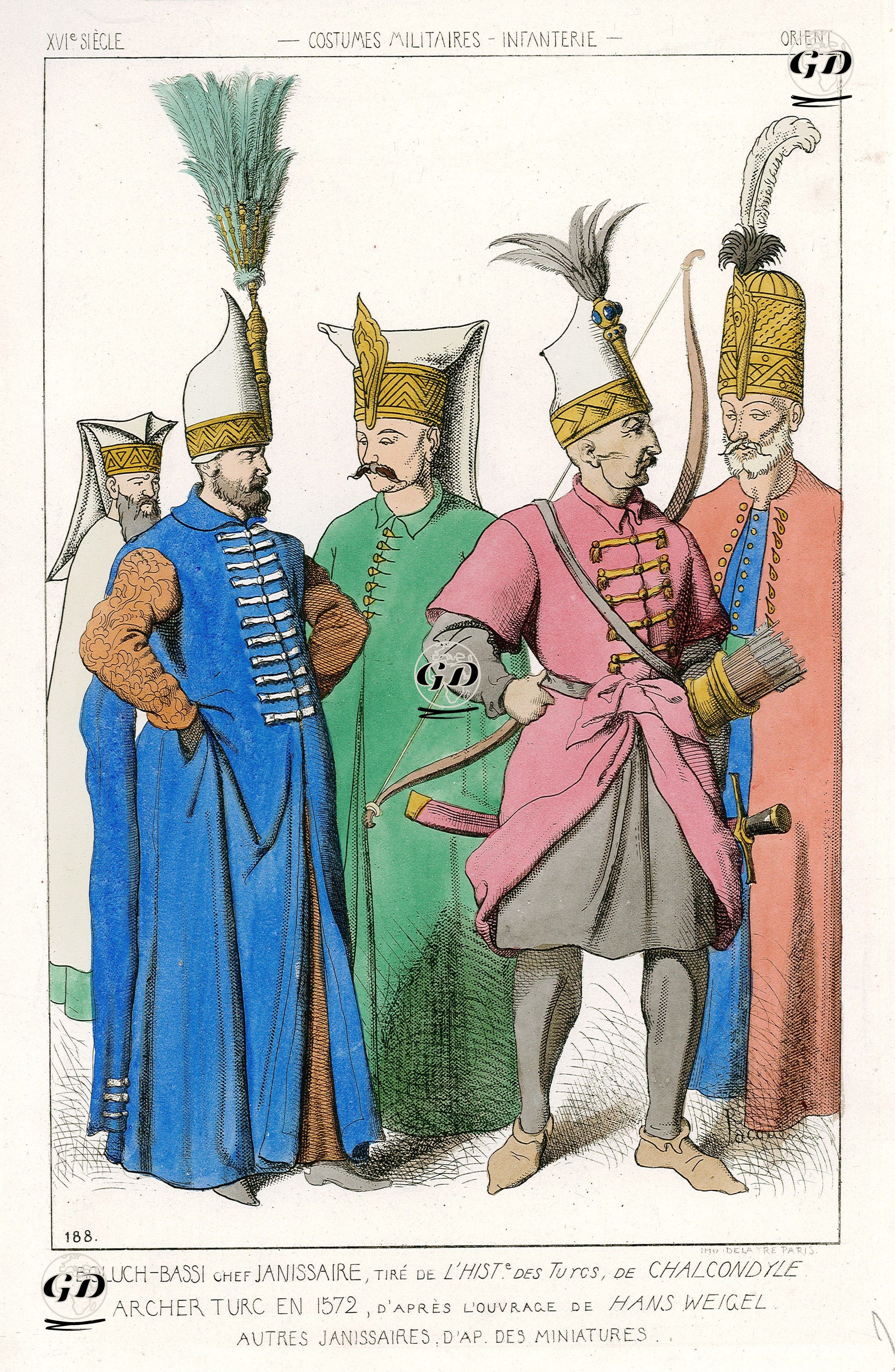 16.Yüzylda Yeniçeri Piyadelerinin Kostümleri-Yeniçeri Askerlerinin Komutanı Bölükbaşı, 1572 Yılında Türk Okçu ve Diğer Yeniçerililerin Kostümleri - Raphael Jacquemin (1821-1881) - 1869