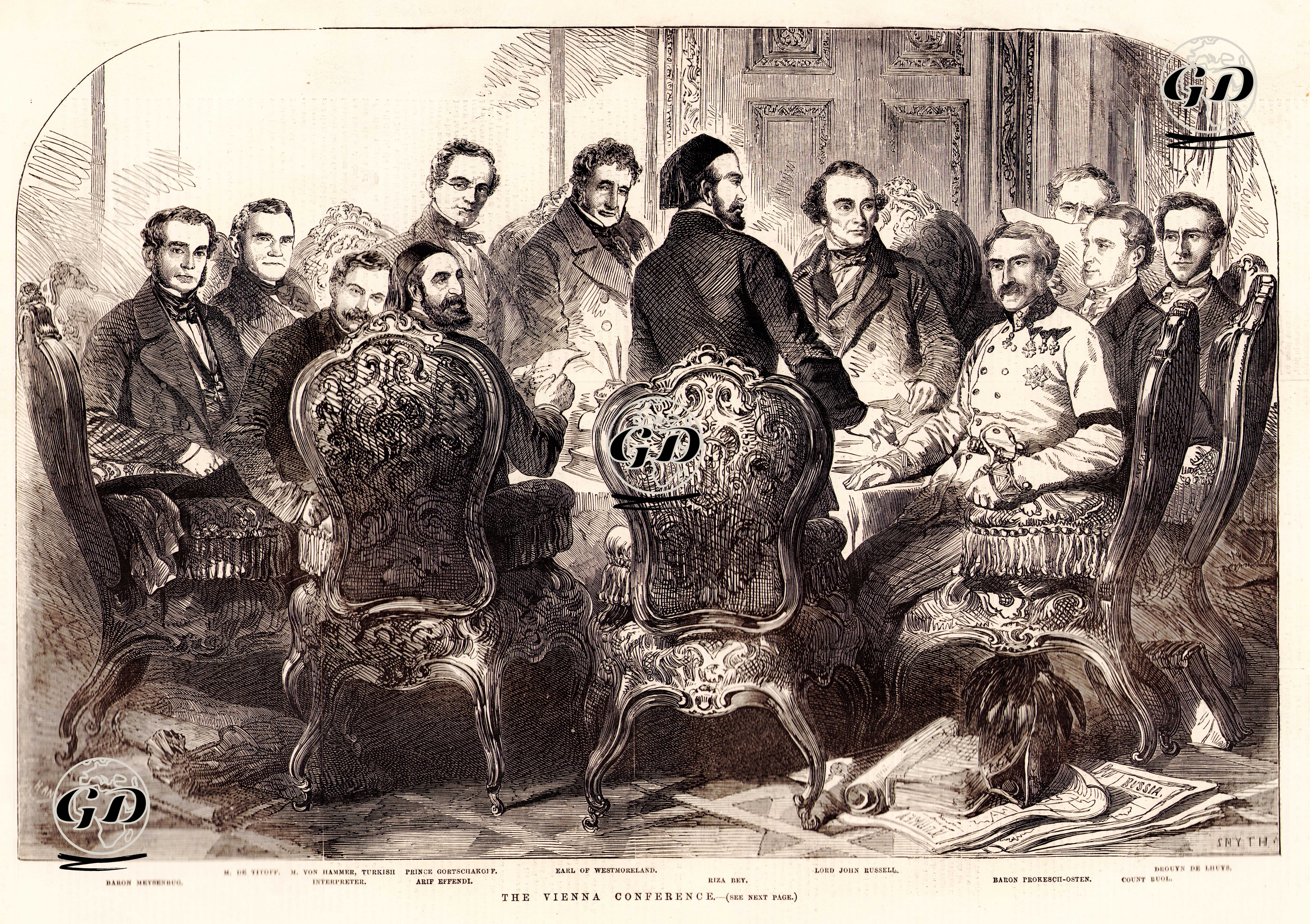 1853-1856 Osmanlı-Rus Savaşı (Kırım Savaşı) Savaşı Sona Erdirilmesi İçin Mart-Haziran 1855 Tarihleri Arasında Gerçekleşen Viyana Konferansı- Masada Bulunanlar, Baron Meysenbug, M.De Titoff, Türkçe Tercümanı M.Von Hammer, Prens Gortschakoff, Viyana Büyükelçisi Arif Efendi, Westmoreland Kontu, Rıza Bey,Lord John Russell, Baron Prokesch Osten, Kont Buol ve Drouyn de Lhuys  - Henry Anelay (1817-1883) - 1855