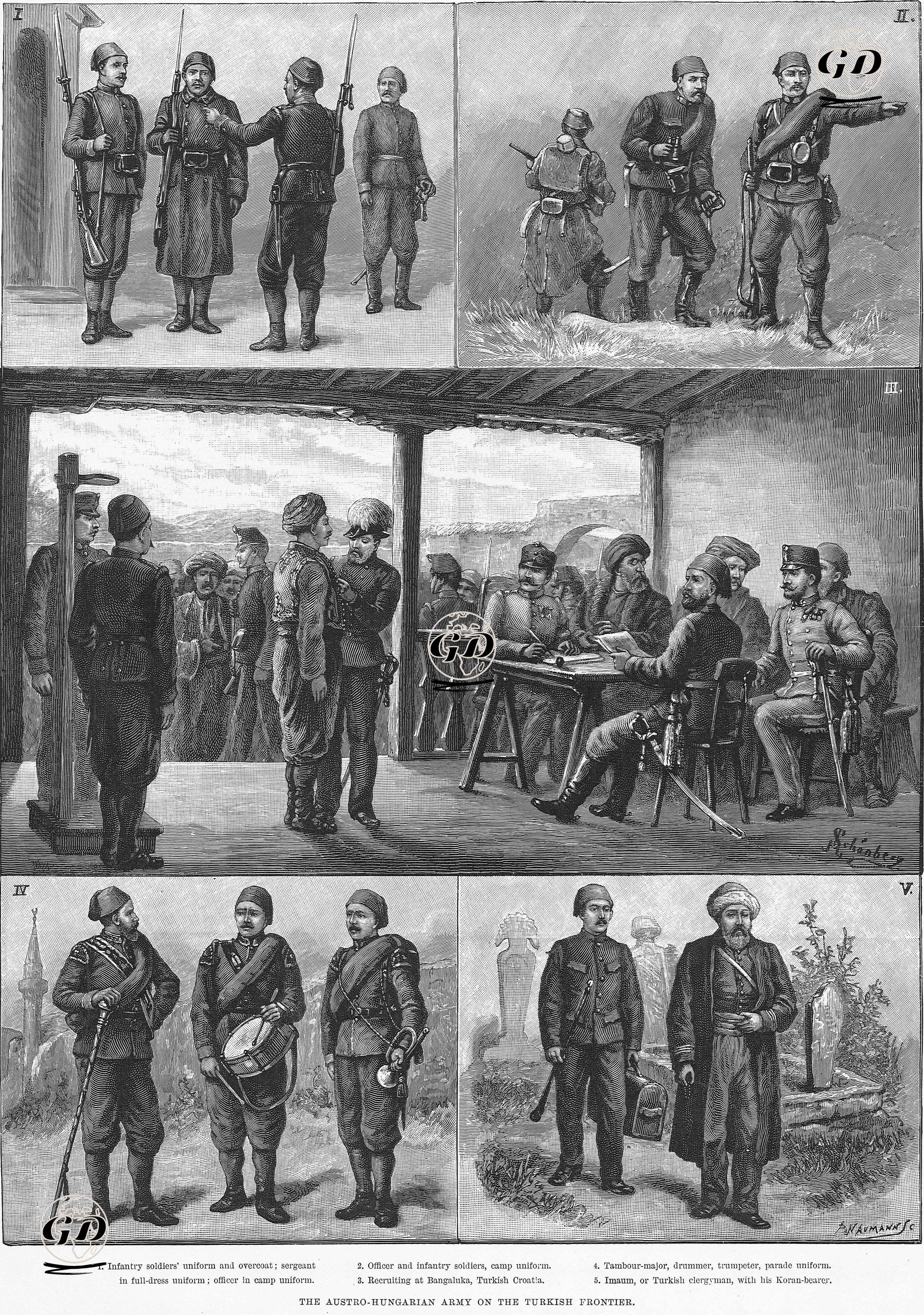 Türk Cephesinde Avusturya-Macaristan Ordusu Tarafından Yönlendirilen Türk Askerleri 1. Uniformalı ve Paltolu Piyade, Çavuş Kıyafetleri 2. Piyade Er Ve Subay Arazi Kıyafetleri
 3.Banja Luka'da Orduya Asker Alımı 4.Tambur Majör, Trampetçi ve Borazancının Tören Kıyafetleri 5.İmam ve Kuran Taşıyıcısı -  - 1890