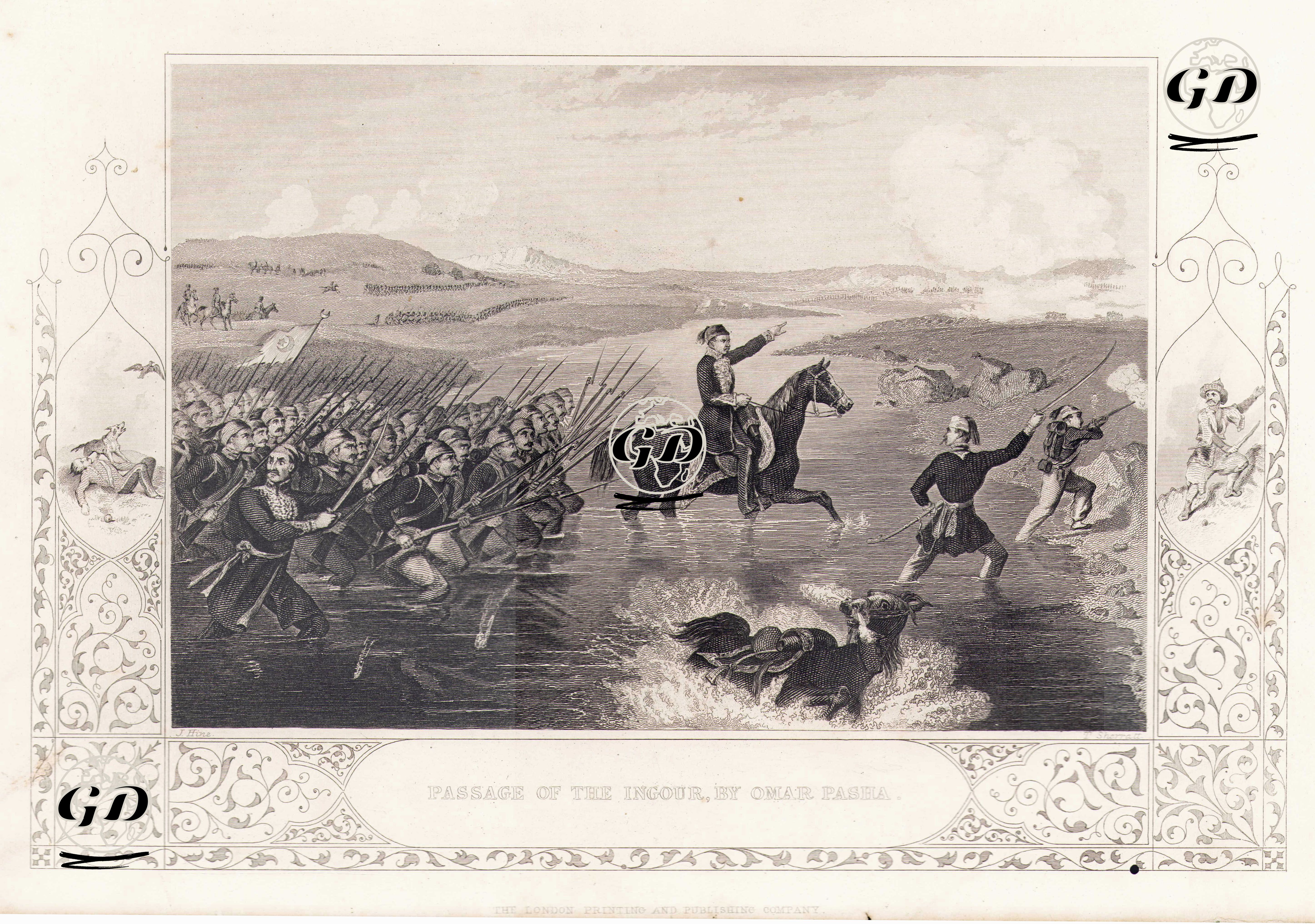 1853-1856 Osmanlı-Rus Savaşı (Kırım Savaşı) Sırasında 6 Kasım 1855 Gerçekleşen İngur Muharebesinde Ömer Paşanın Askerleri İle İngur Nehrini Geçişi - J.Hine - 1855