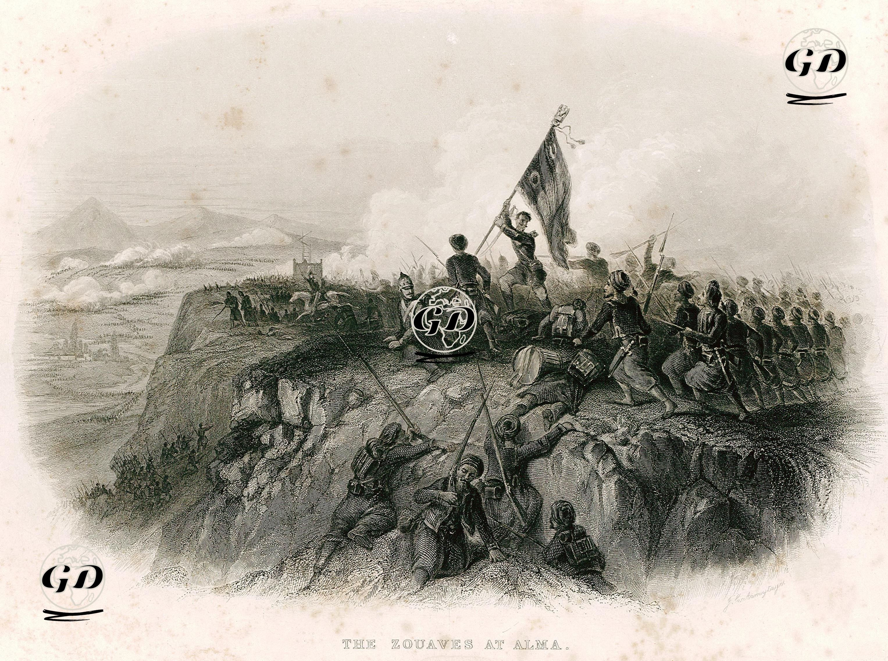 1853-1856 Osmanlı-Rus Savaşı (Kırım Savaşı) Sırasında 20 Eylül 1854 Tarihinde Gerçekleşen Alma Muharebesinde Fransız Ordusunun Piyade (Zouave) Askerlerinin Sarp 
Kayalıklarda Saldırıya Geçişleri -  - 1862