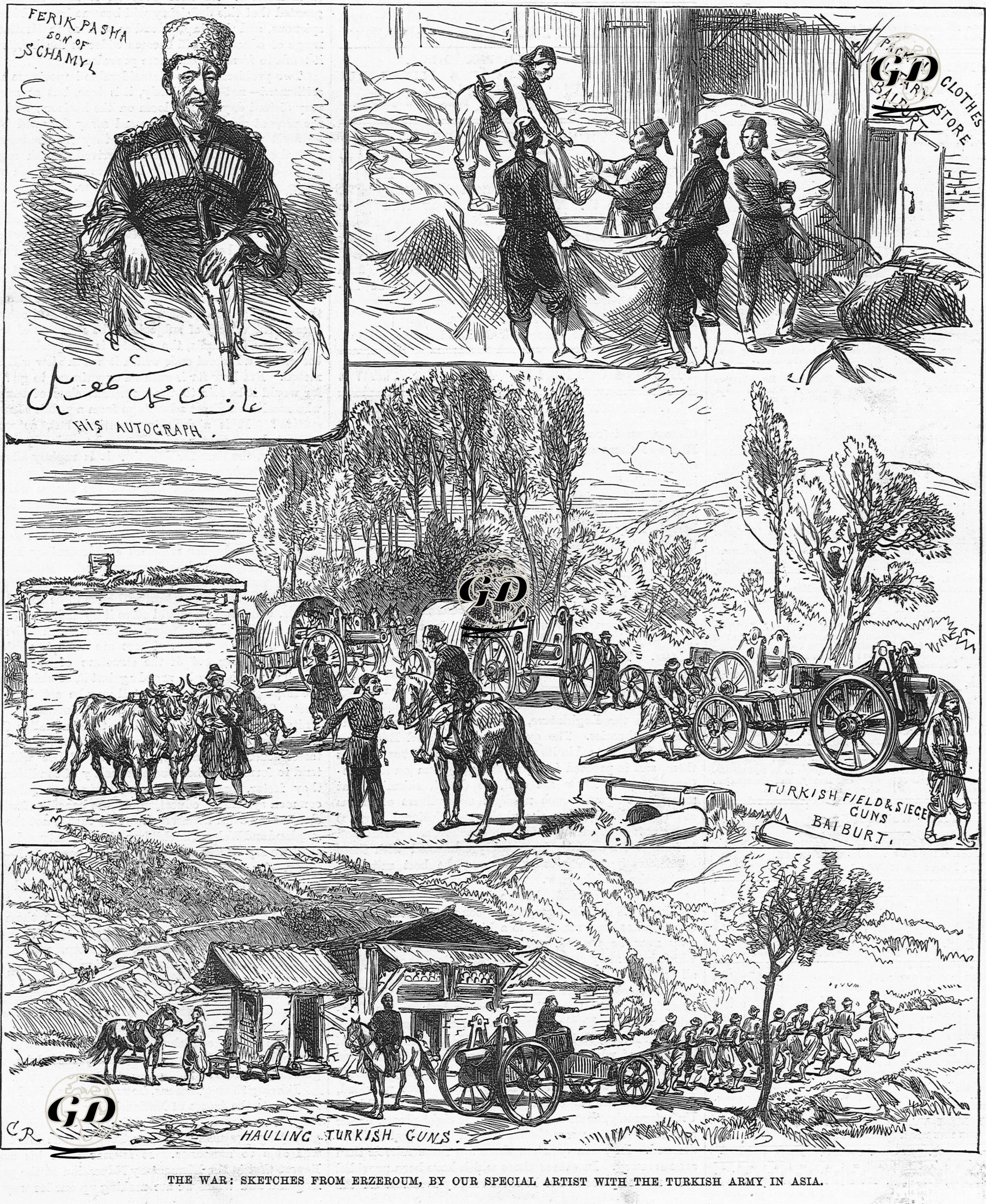 1877-1878 Osmanlı-Rus Savaşı (93 Harbi) Sırasında Erzurum Şehrinden Çeşitli Çizimler-Şeyh Şamil'in Oğlu Gazi Muhammed Paşa Portresi Ve İmzası-Baybut'da Askeri Kıyafetlerin Paketlenmesi-Bayburt'da Türk 
Topları-Türk Toplarının Taşınması -  - 1877