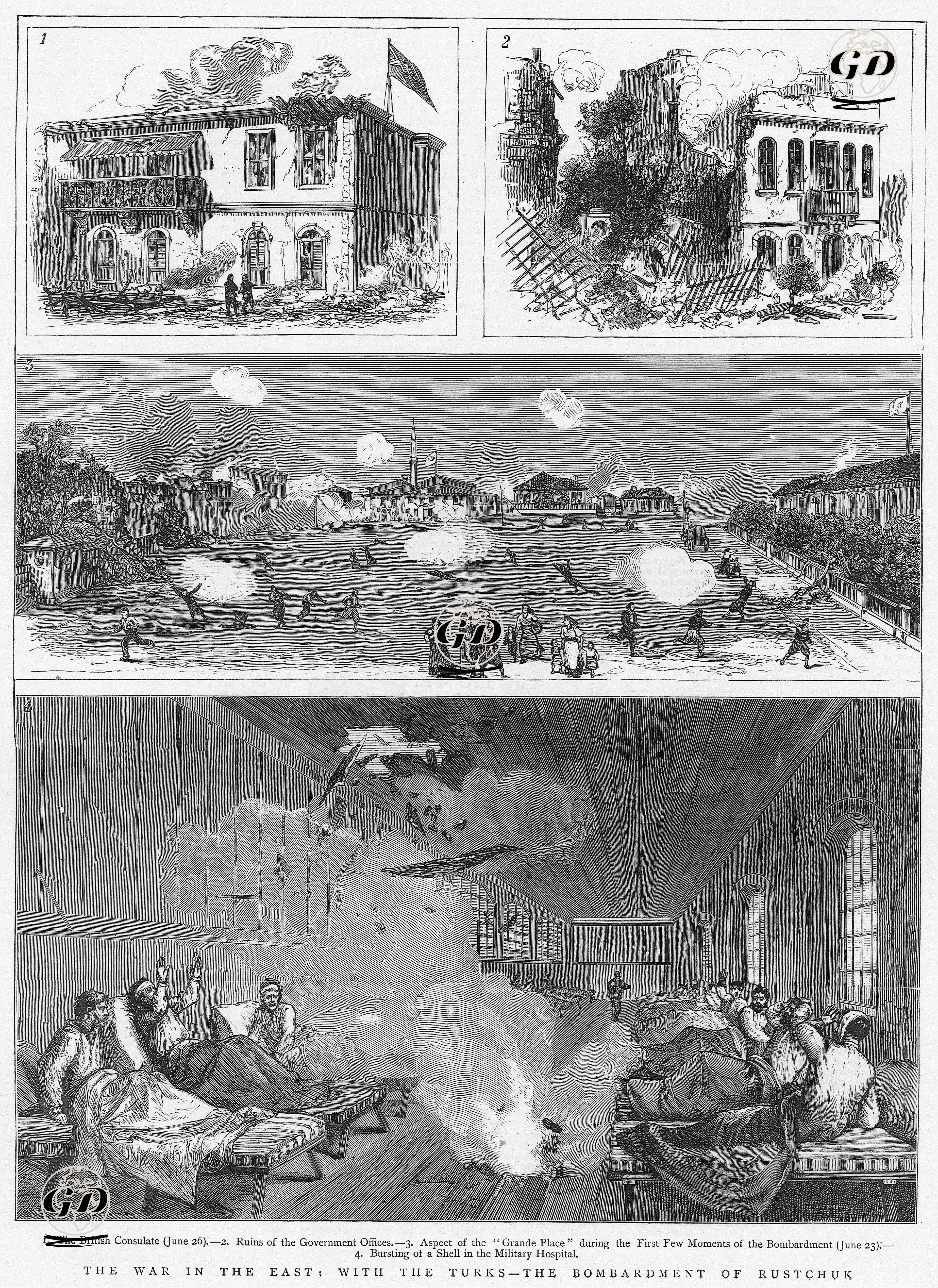1877-1878 Osmanlı-Rus Savaşı (93 Harbi) Sırasında Rusçuk'un Rus Ordusu Tarafından Bombalanması-1.26 Haziran Tarihinde İngiliz Konsolosluğu, 2.Yıkılan Hükümet Binası, 3.23 Hazirandaki İlk Bombalama
 Sırasında "Grand Palace'nin" Görünümü, 4.Askeri Hastanenin Bombalanması -  - 1877