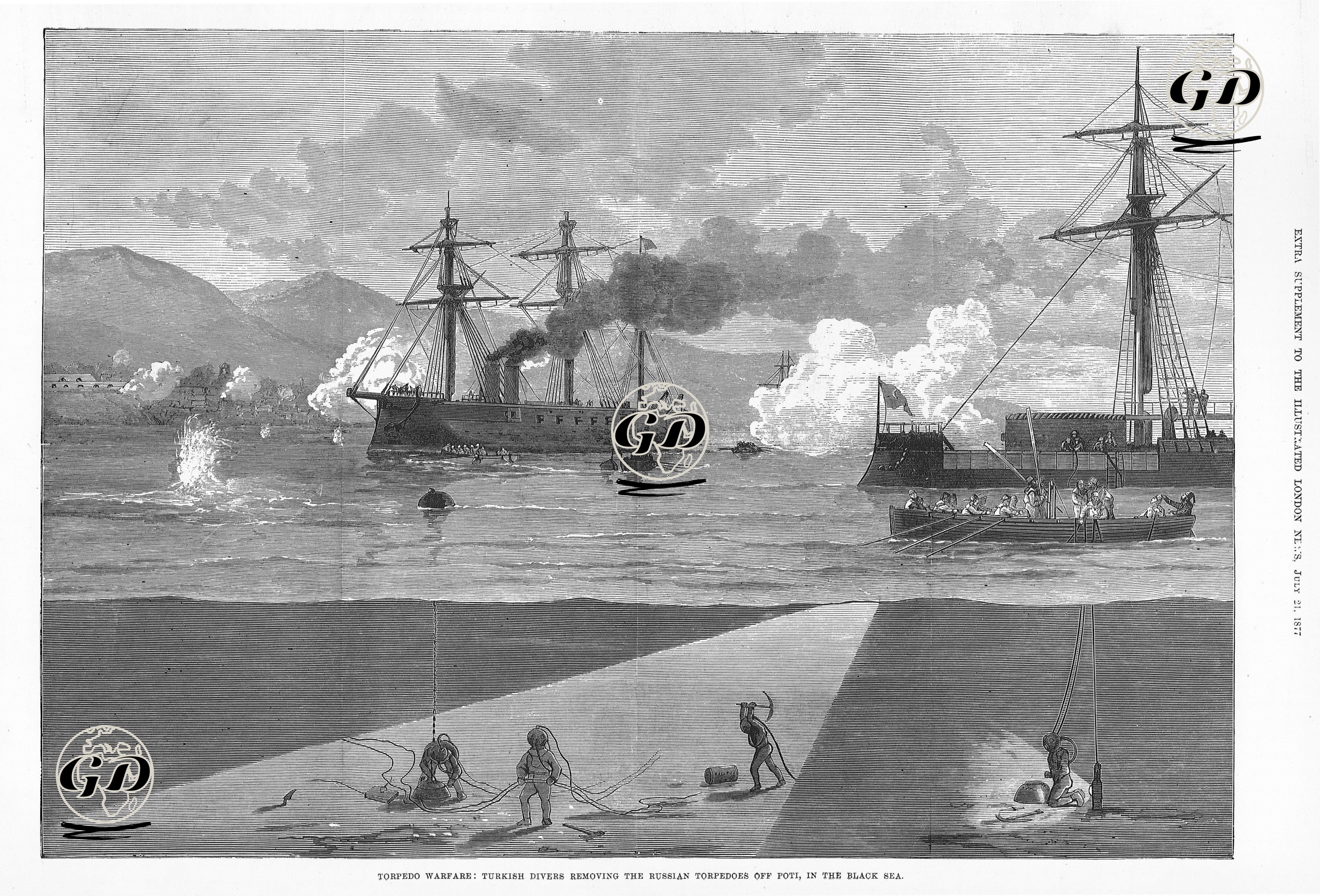 1877-1878 Osmanlı-Rus Savaşı (93 Harbi) Sırasında Karadeniz'de Poti Açıklarında Türk Dalgıçlarının Torpidoları Temizlemesi -  - 1877