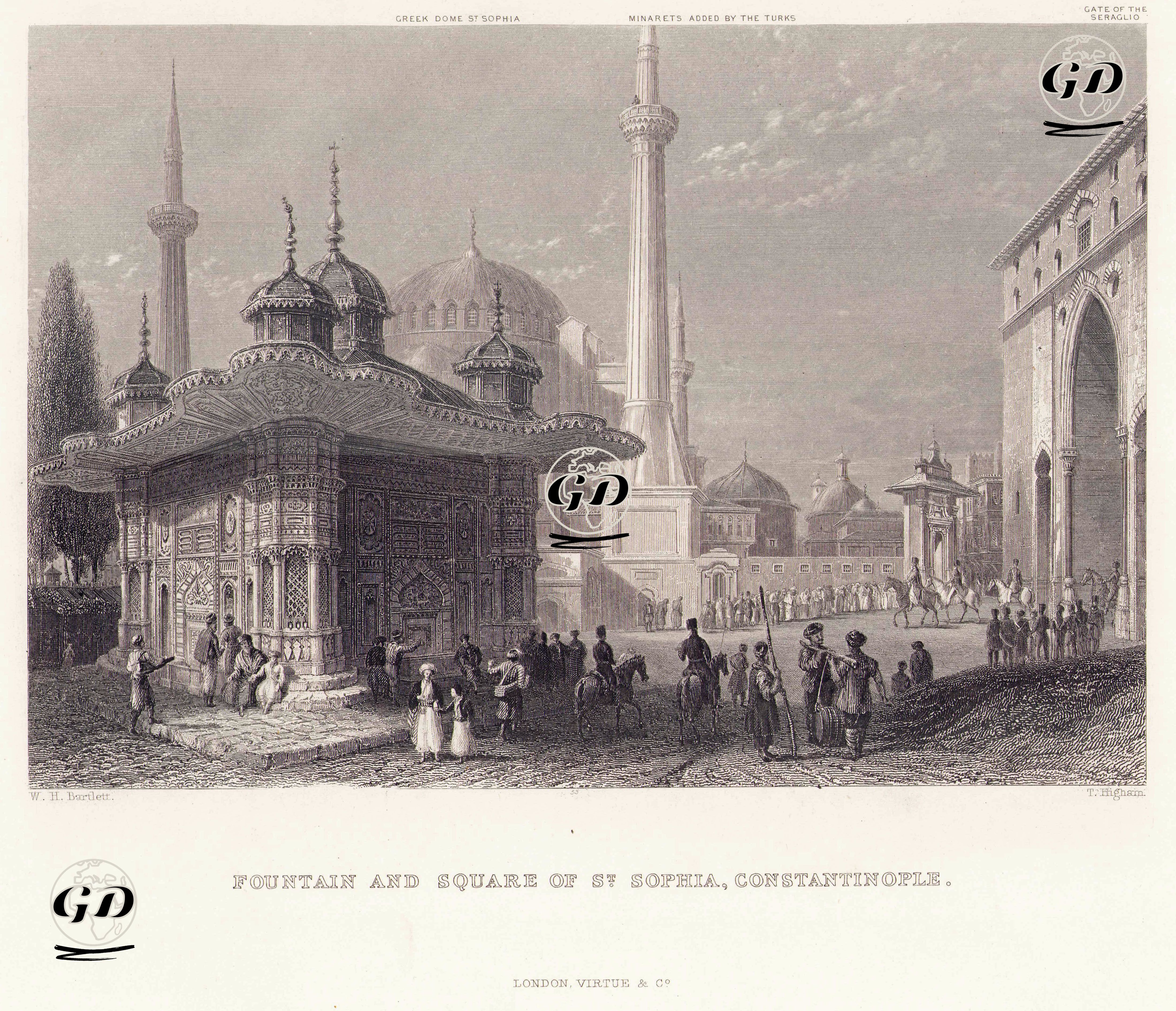lll.Ahmet Çeşmesi ve Sebili, Ayasofya Camisi ve Topkapı Sarayının Saltanat Kapısı (Bab-ı Hümayun)-Ayasofya caminin Büyük Kubbesi-Türklerin Eklediği Minareler-Bab-ı Hümayun - William Henry Bartlett (1809-1854) - 1840's