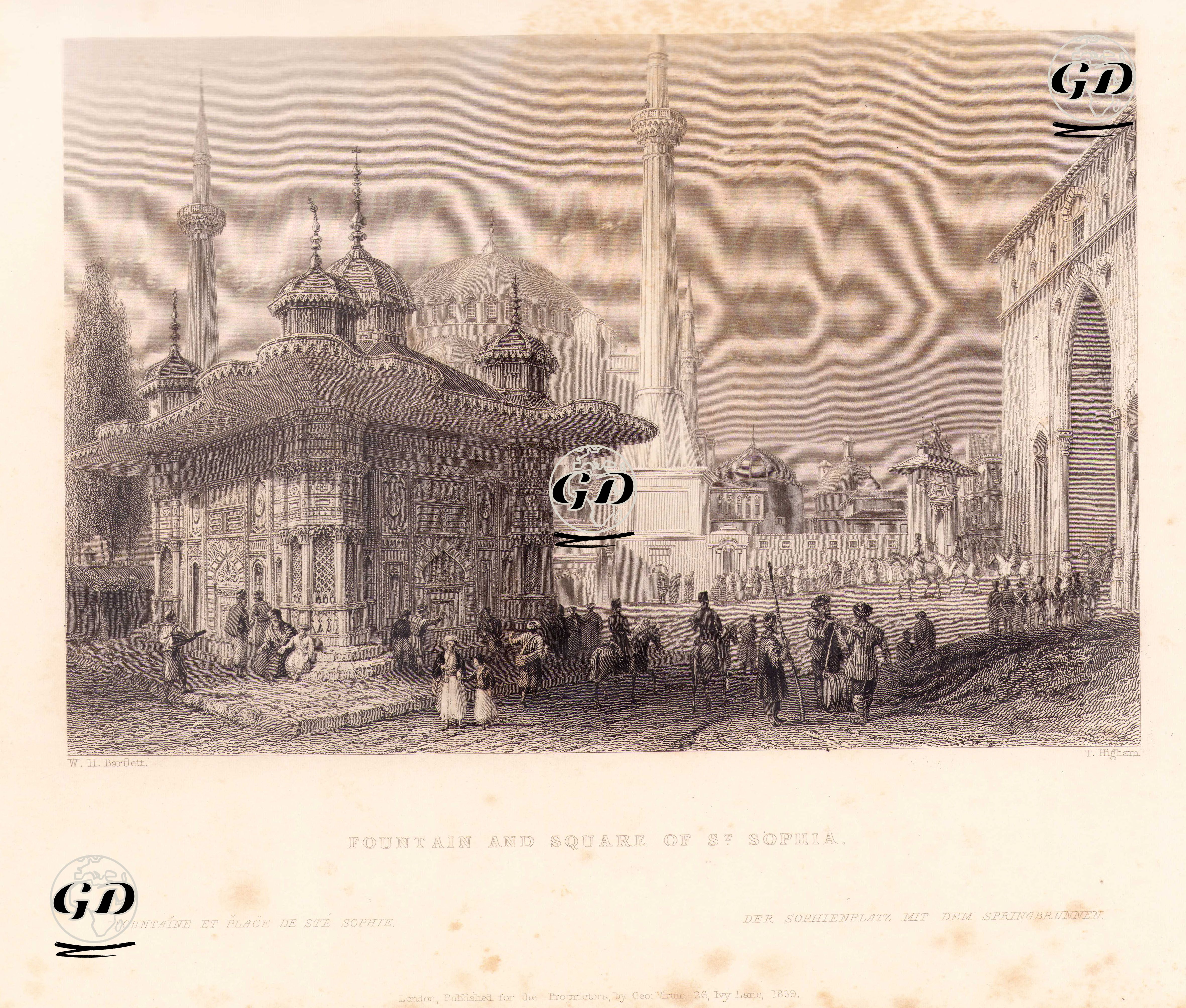 lll.Ahmet Çeşmesi ve Sebili, Ayasofya Camisi ve Topkapı Sarayının Saltanat Kapısı (Bab-ı Hümayun) - William Henry Bartlett (1809-1854) - 1839