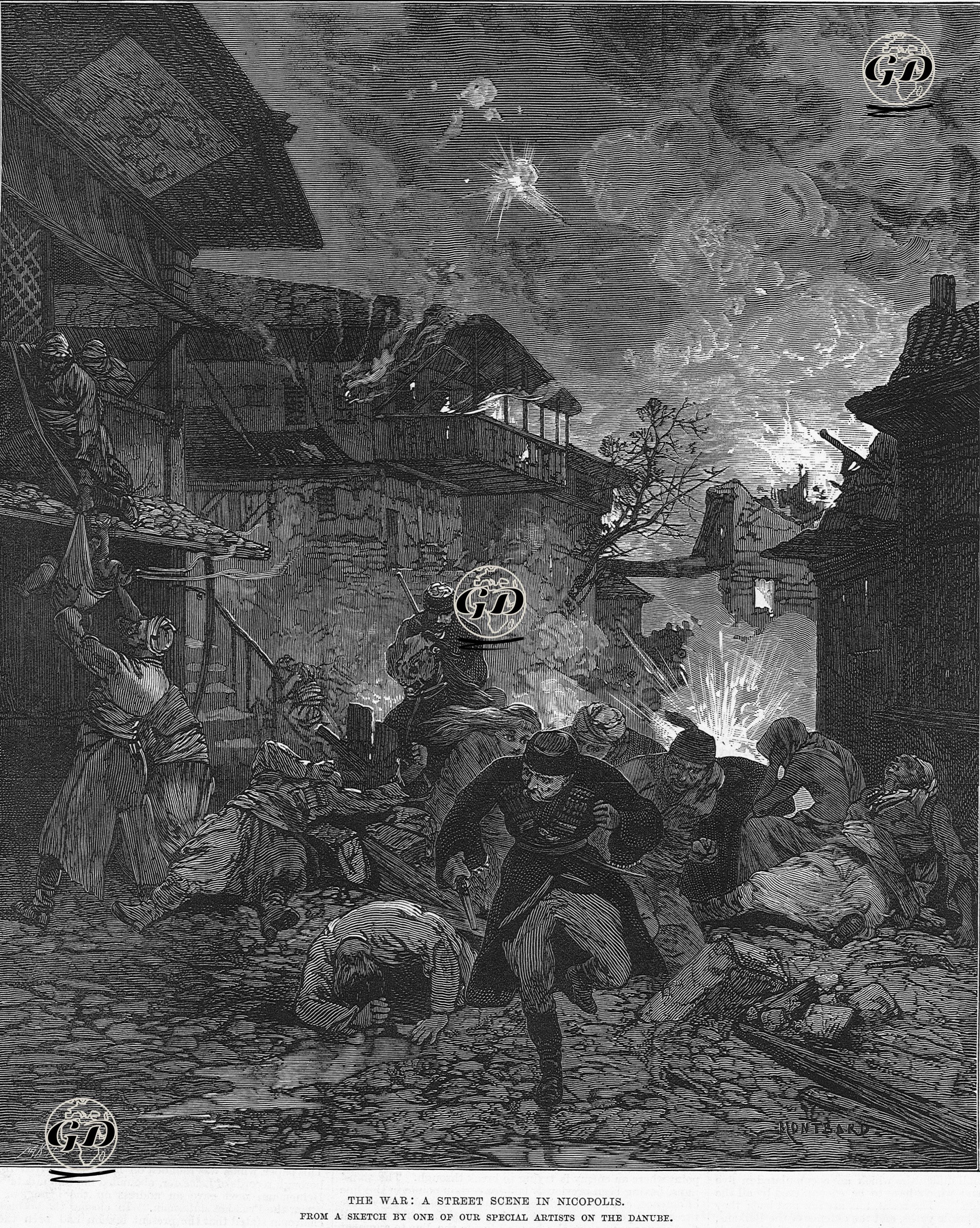 1877-1878 Osmanlı-Rus Savaşı (93 Harbi) Sırasında Rus Ordusunun Niğbolu'yu Bombalaması Ve Kasaba Halkının Kaçışı  - George Montbard (1841-1905) - 1877