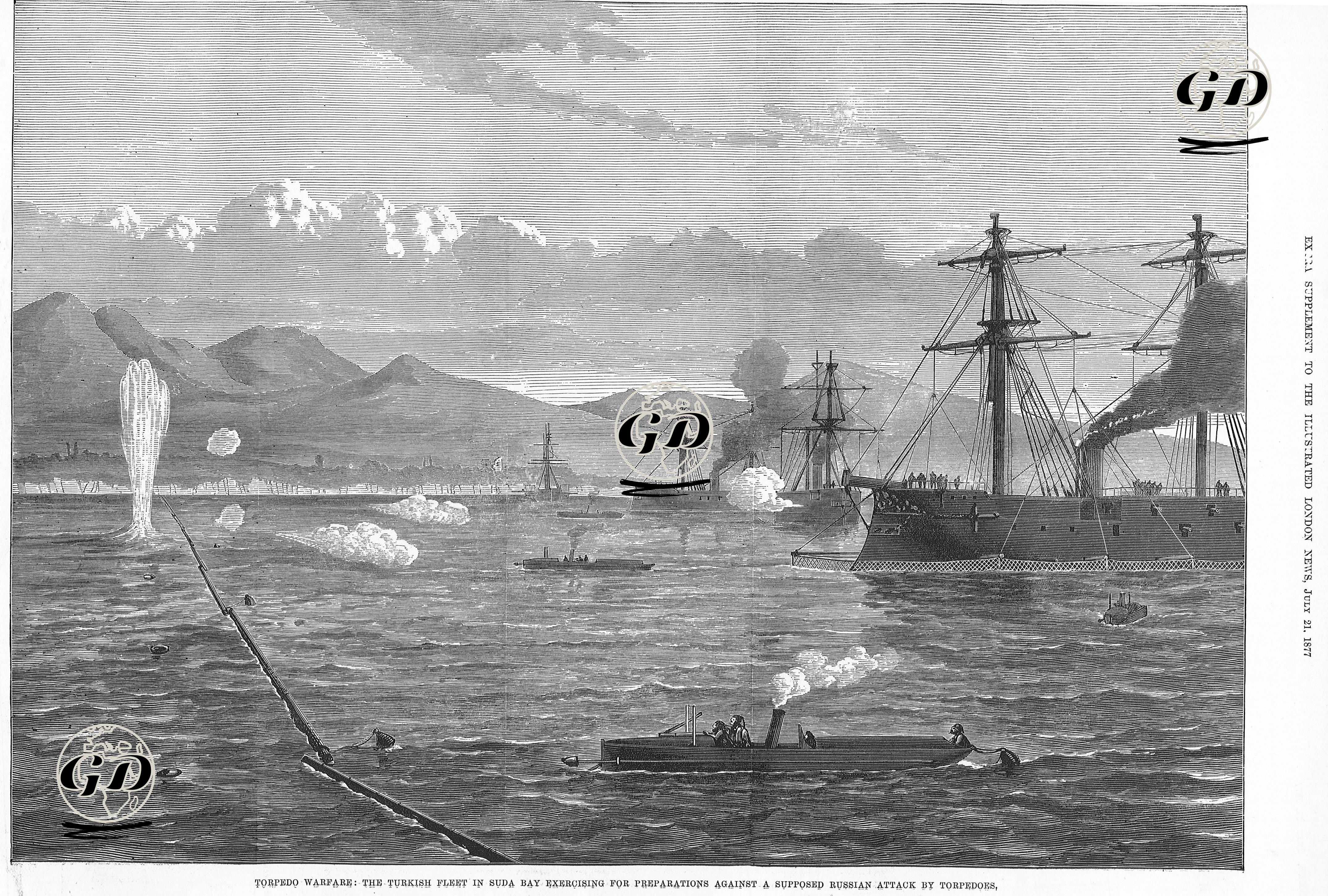 Torpedo Warfare, The Turkish Fleet in Suda bay Exercising For Preparations Against A Supposed Russian Attack By Torpedoes -  - 1877