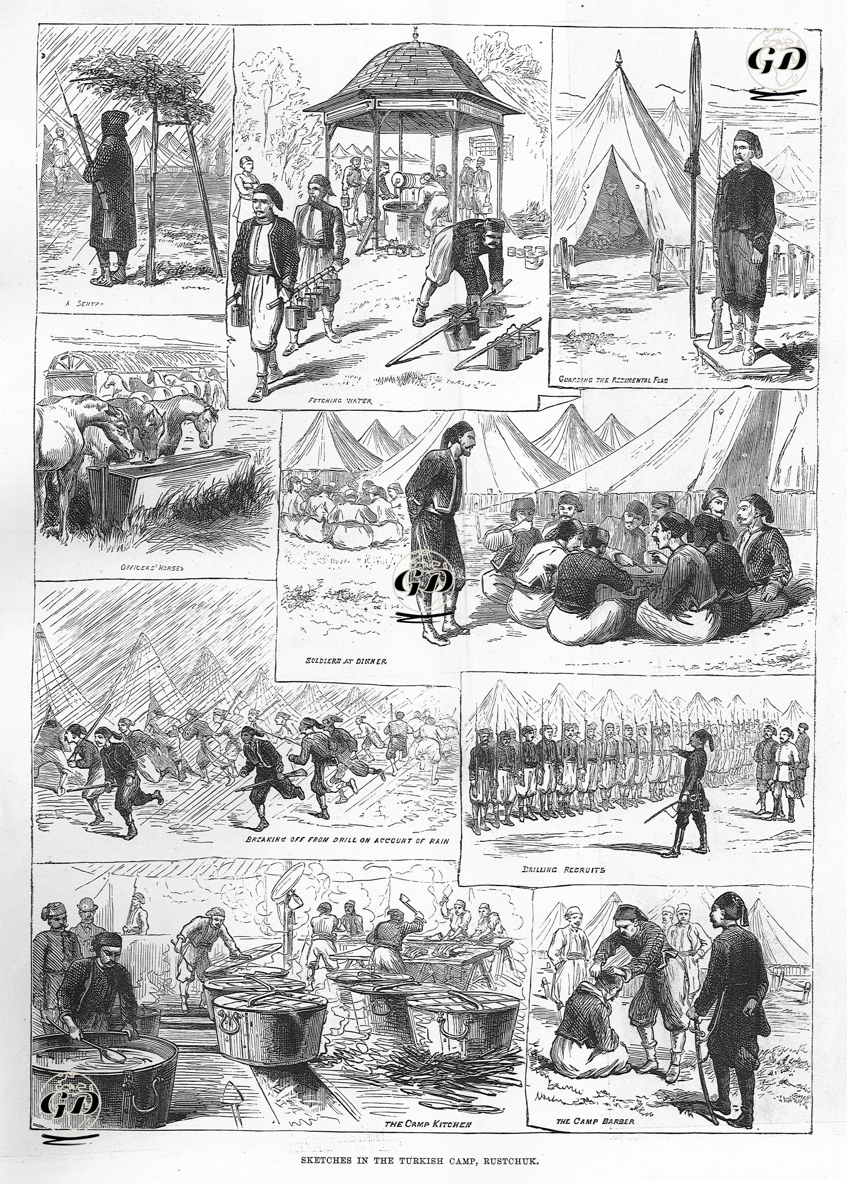 Sketches in The Turkish Camp, Rustchuk-A Sentry, Fetching Water, Guarding The Regimental Flag, Officers' Horses, Soldiers At Dinner, Breaking Off From Drill On 
Account Of Rain, Drilling Recruits, The Camp Kitchen, The Camp Berber -  - 1877