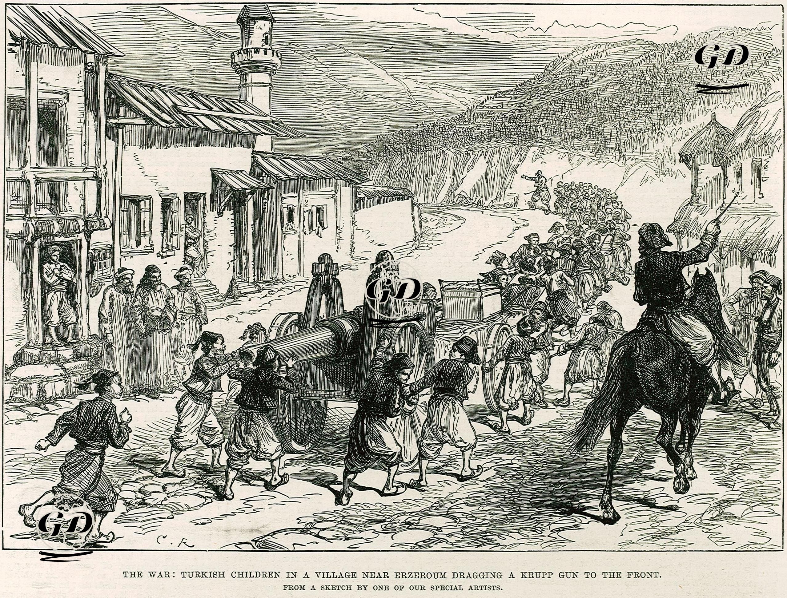 1877-1878 Osmanlı-Rus Savaşı (93 Harbi) Sırasında Erzurum Yakınlarındaki Bir Köyde Çocukların Krupp Marka Topun Cepheye Taşınmasını Yardım Etmeleri -  - 1877
