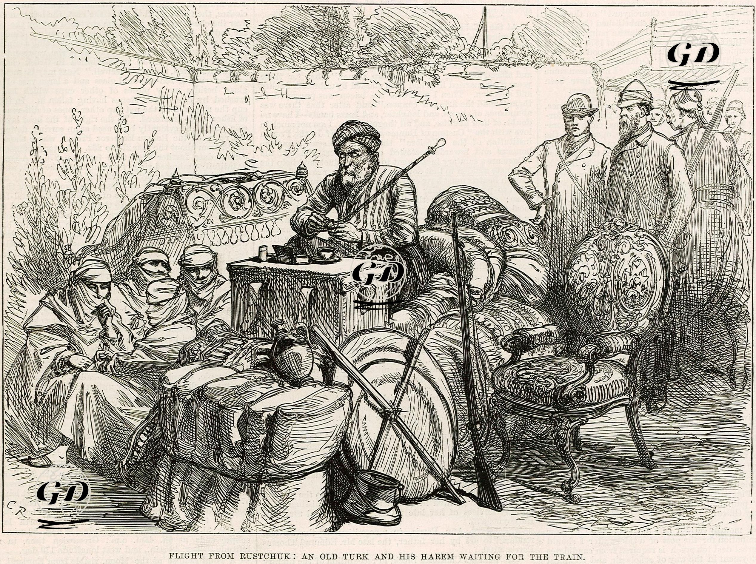 Flight From Rustchuk- An Old Turk And His Harem Waiting For The Train -  - 1877