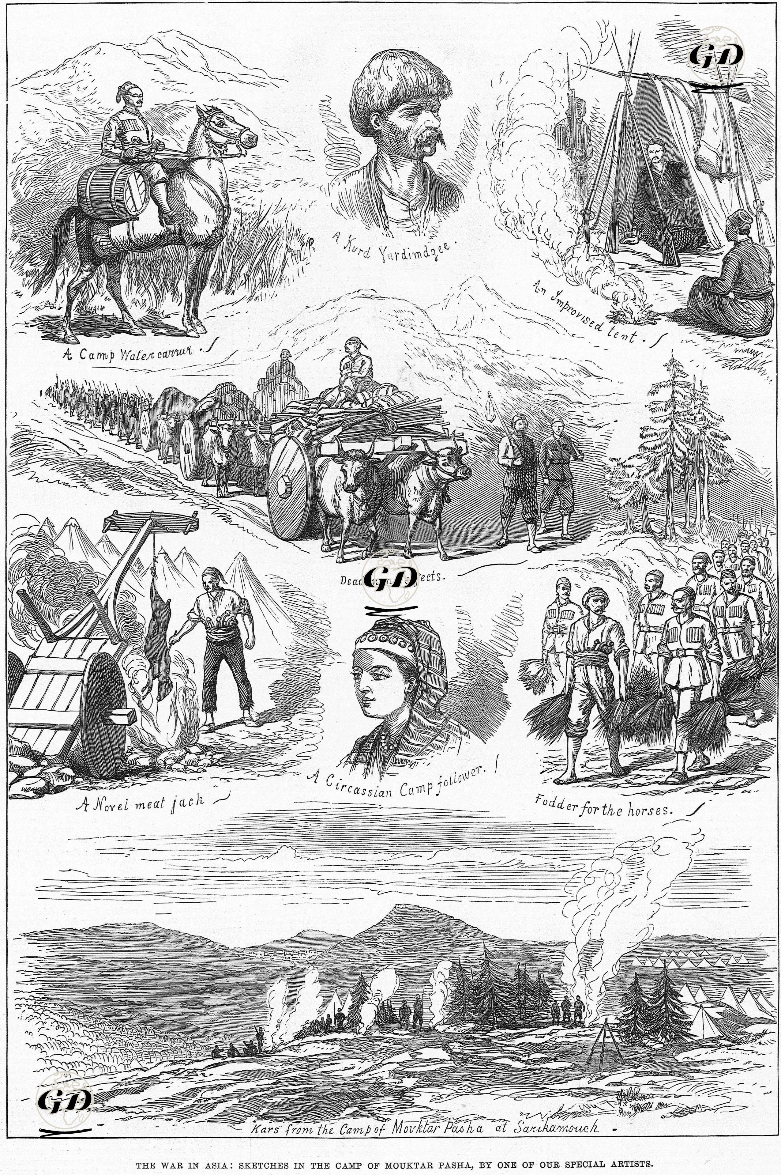1877-1878 Osmanlı-Rus Savaşı (93 Harbi) Sırasında Sarıkamış'daki Muhtar Paşa'nın Kampından Çizimler-Su Taşıyıcısı, Bir Kürt Erkek, Geçici Yapılmış Çadır, Askeri Konvoy, Değişik Et Pişirme Usulü, Bir Çerkez  Kadın, Atlar İçin Yem, Muhtar Paşa'nın Kampdan Kars Manzarası -  - 1877