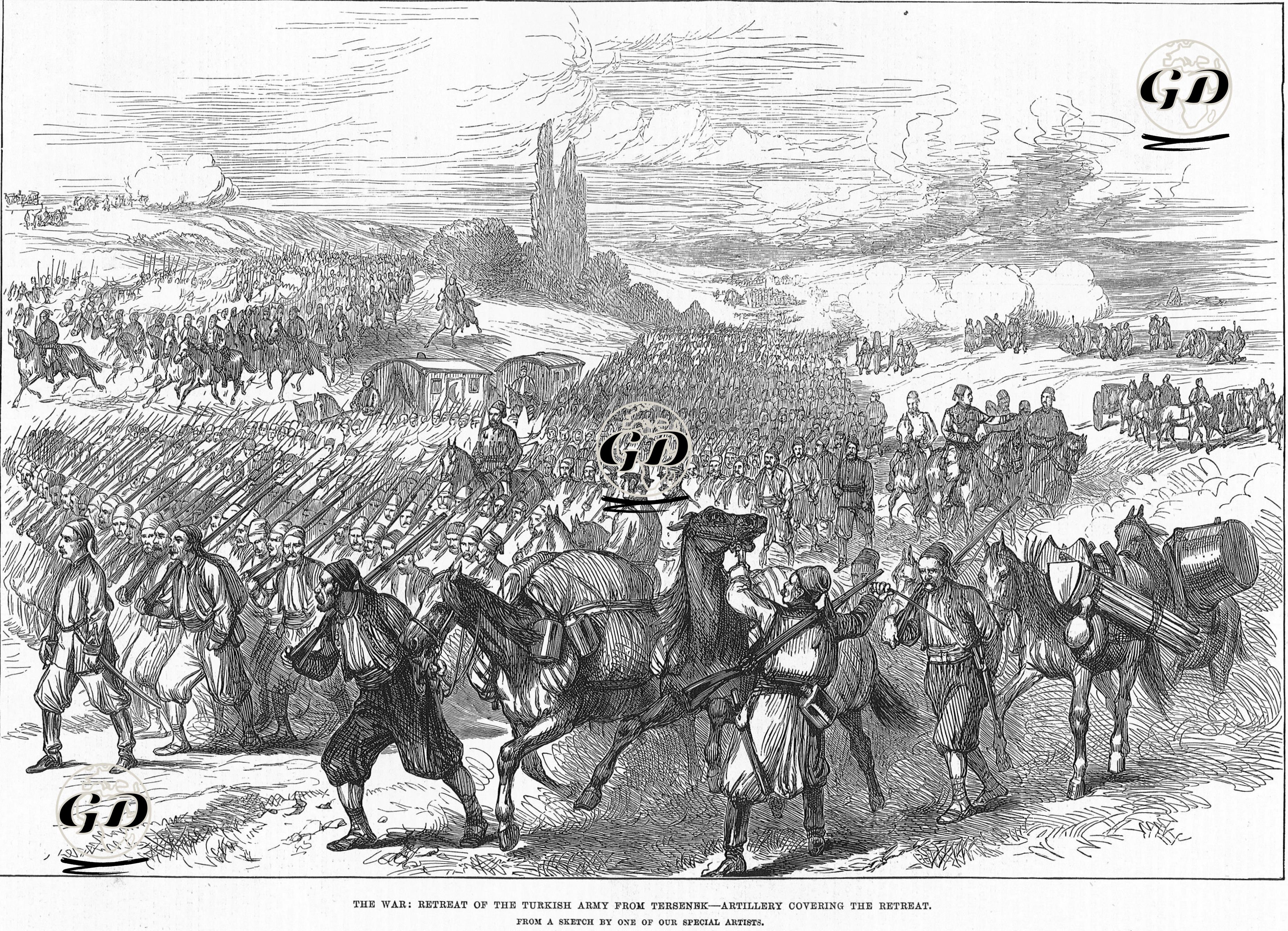 The War, Retreat Of The Turkish Army From Tersenek, Artillery Coverig The Retreat -  - 1877