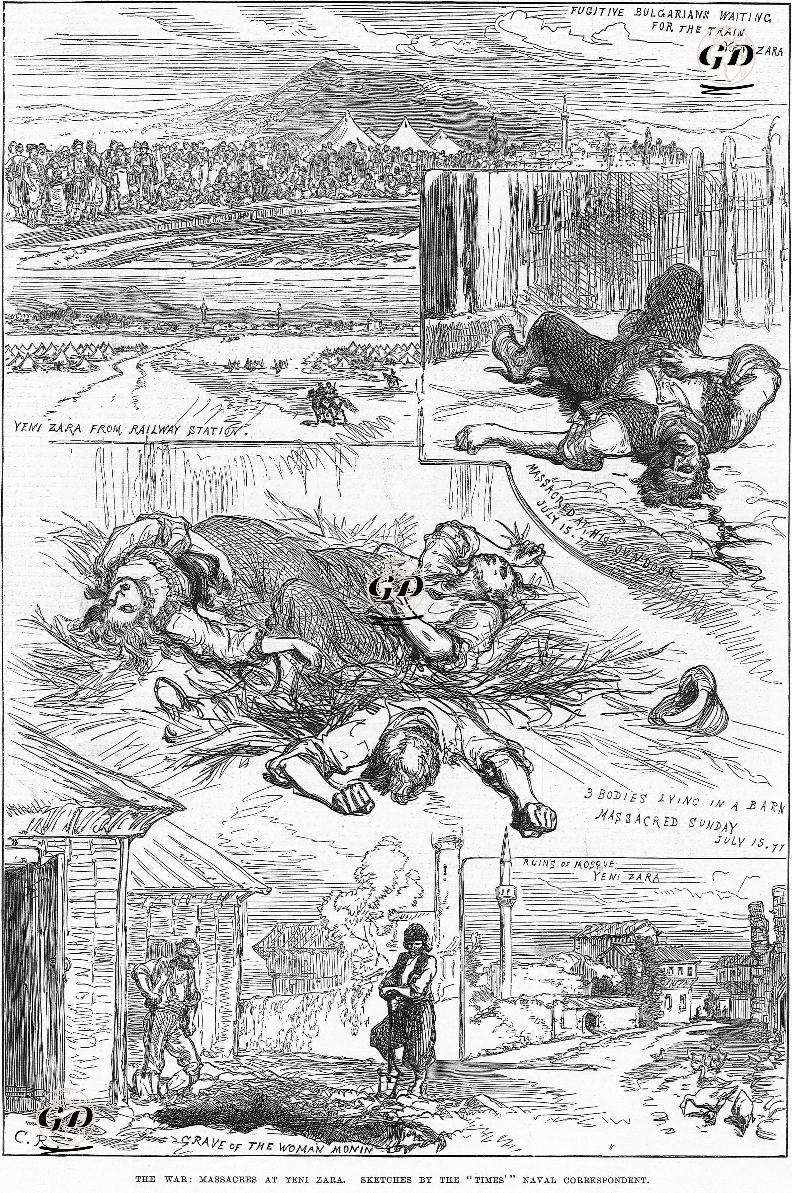 1877-1878 Osmanlı-Rus Savaşı (93 Harbi) Sırasında Yeni Zağra'da(Nova Zagora) Yapılan Katliam-Yeni Zağra Tren İstasyonunda Bekleyen Bulgar Mülteciler-Tren İstasyonundan Yeni Zağra-15 Temmuz 1877 Tarihinde Öldürülmüş İnsanlar Ve Mezarları-Yıkılan Yeni Zağra Camisi -  - 1877