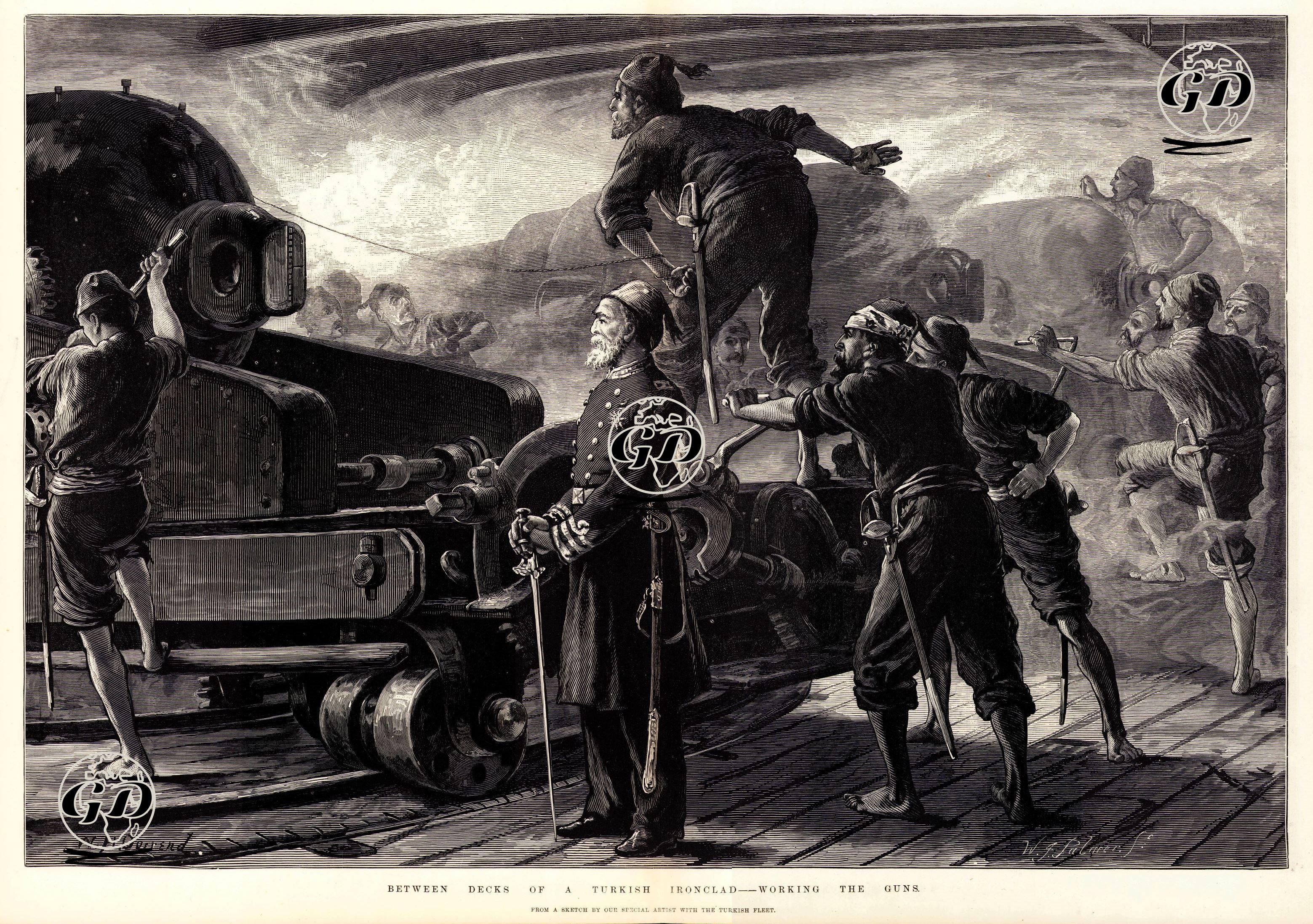 1877-1878 Osmanlı-Rus Savaşı (93 Harbi) Sırasında Türk Zırhlı Gemisinin Güvertesinde Topçu Atış Talimi -  - 1877