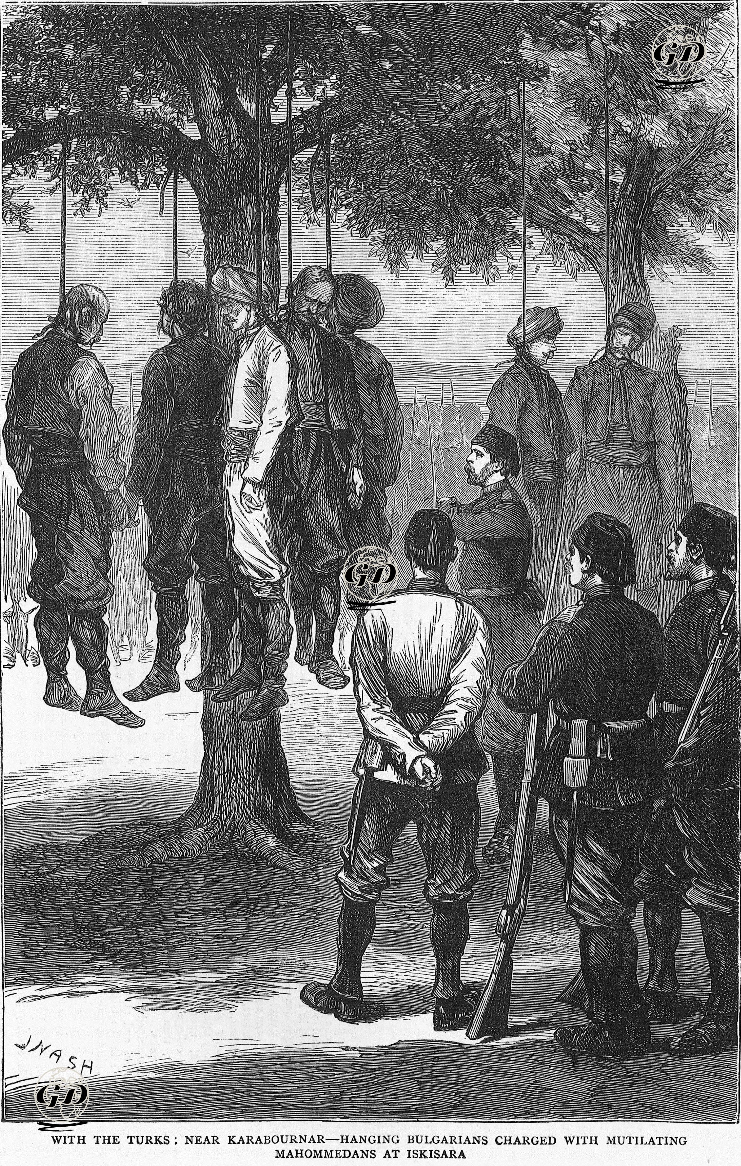 1877-1878 Osmanlı-Rus Savaşı (93 Harbi) Sırasında Eski Zağra'da Müslümanları  Öldüren Bulgarların Karabournar Yalınlarında Asılması - Joseph Nash (1809-1878) - 1877