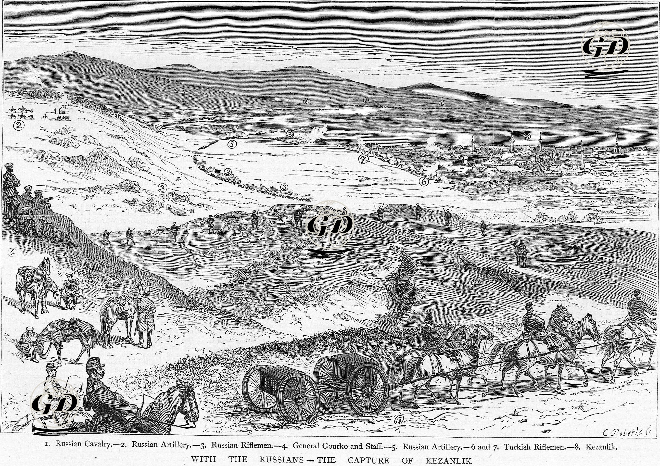 With The Russians-The Capture Of Kezanlık-1.Russian Cavalry 2.Russian Artillery 3.Russian Riflemen 4.General Gourko And Staff 5.Russian Artillery 6.7.Turkish 
Riflemen 8.Kezanlik -  - 1877