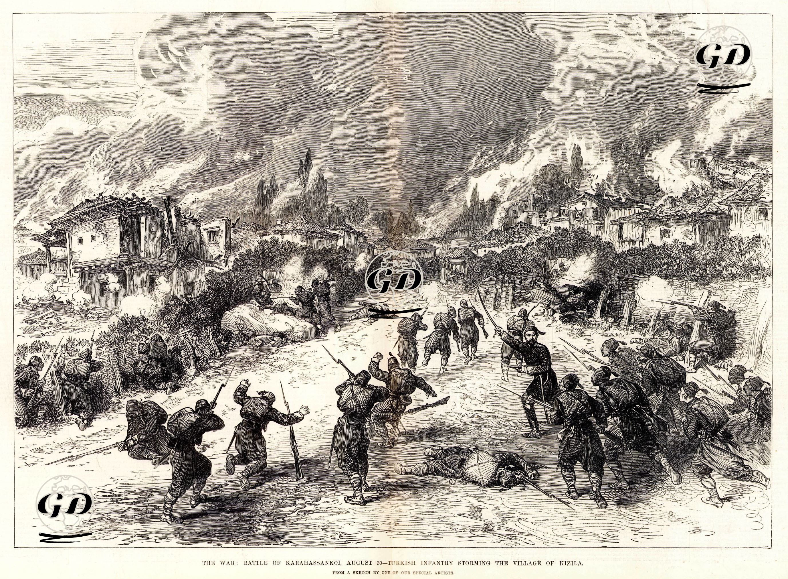 The War, Battle of Karahassankoi, 30 August, Turkish Infantry Storming The Village of Kizila -  - 1877