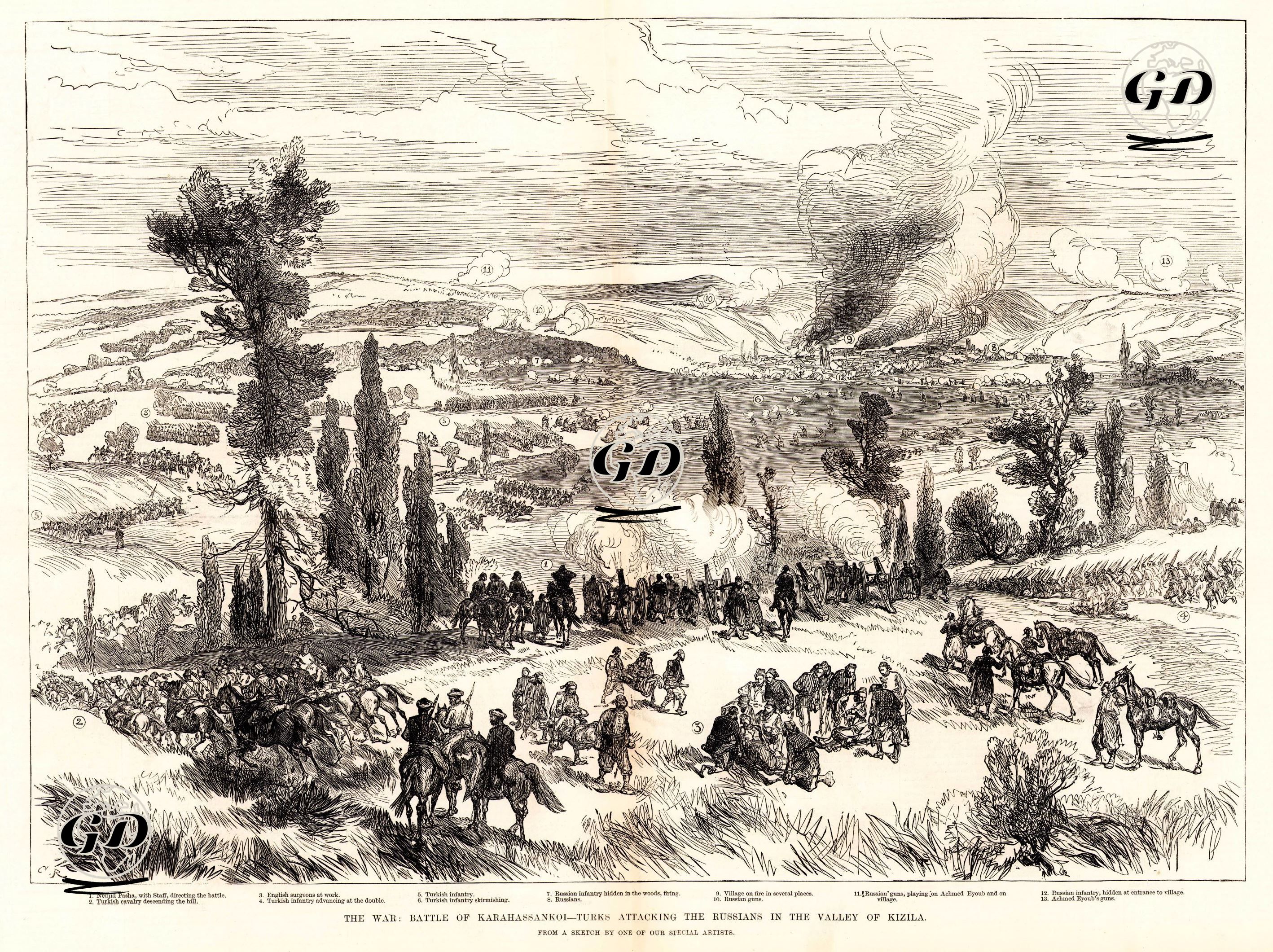 1877-1878 Osmanlı-Rus Savaşı (93 Harbi) Sırasında Gerçekleşen Kara Hasan Köyü Savaşinda Türk Ordusunun Kızıla Köyü Vadisinde Rus Ordusuna Saldırmaları 1.Necip Paşa Ve Yardımcılarının Savaşı Yönetmeleri 2.Tepeden İnen Türk Süvarileri 3.Yaralı Askerleri Ameliyat Eden İngiliz Doktorlar 4.Ön Cepheye Giden Türk Piyadeleri 5.6.Savaşan Türk Piyadeleri 7.Ateşden Korunmak İçin Ormana Saklanan Rus Piyadeleri 8.Ruslar 9.Ateş Altındaki Köy(Sadina) 10.11.Rus Silahları 12.Köyün Girişine Saklanan Rus Piyadeleri 13.Ahmet Eyüp Paşanın Silahları -  - 1877