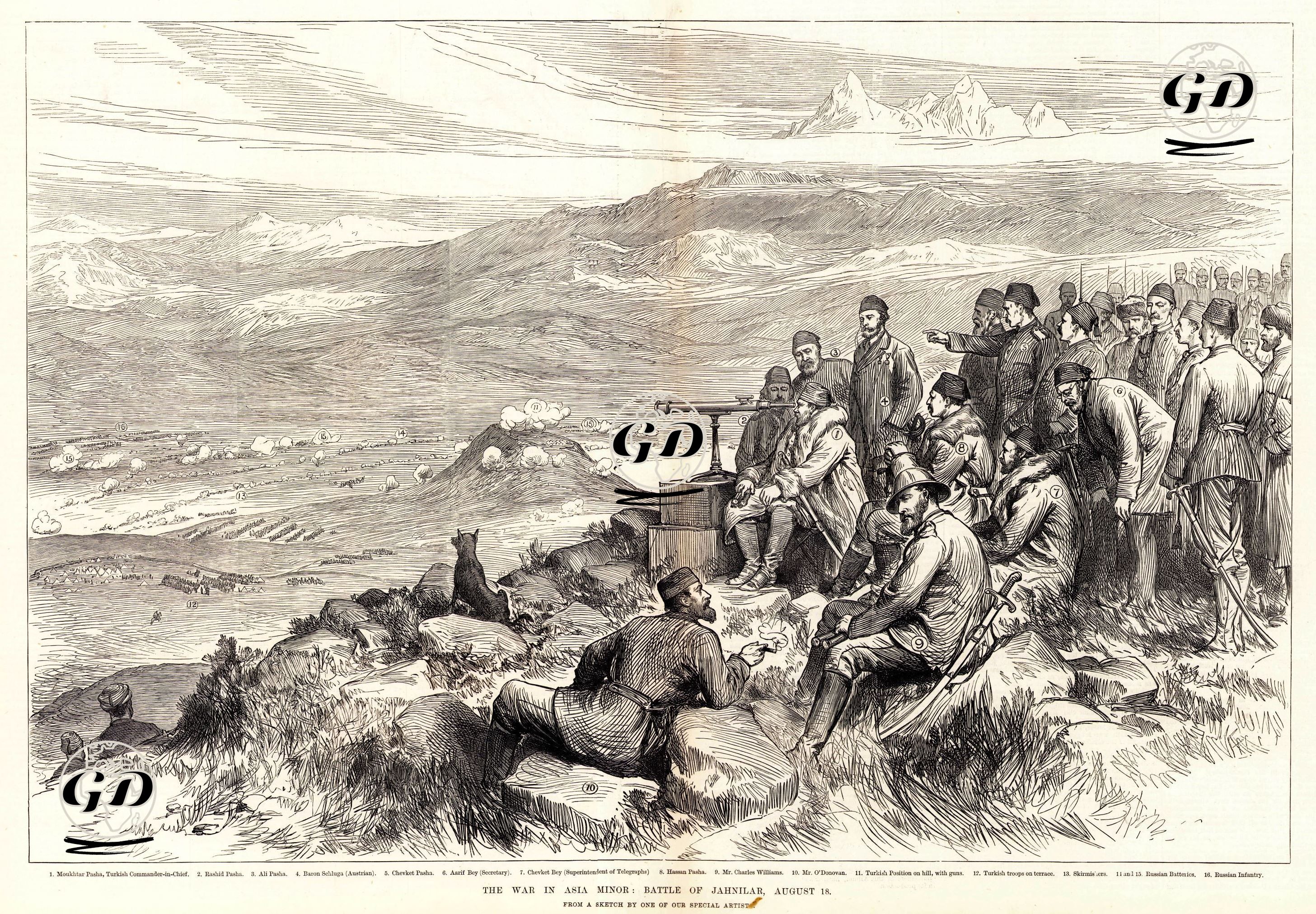 1877-1878 Osmanlı-Rus Savaşı (93 Harbi) Sırasında Yahniler Muharebesi-1.Kafkasya Cephesi Komutanı Ahmet Muhtar Paşa 2.Raşid Paşa 3.Ali Paşa 4.Baron Schluga(Avusturyalı) 5.Şevket Paşa Pasha 6.Arif Bey (Sekreter) 7.Şevket Bey (Telgraf Şefi) 8.Hasan Paşa 9.Mr.Charles Williams 10.Mr.O'Donovan 11.Tepelerdeki Türk Kuvvetlerinin Pozisyonu 12.Hazır Bekleyen Türk Birlikleri 13.Savaşanlar 14.15.Rus Topçuları 16.Rus Piyadeleri -  - 1877