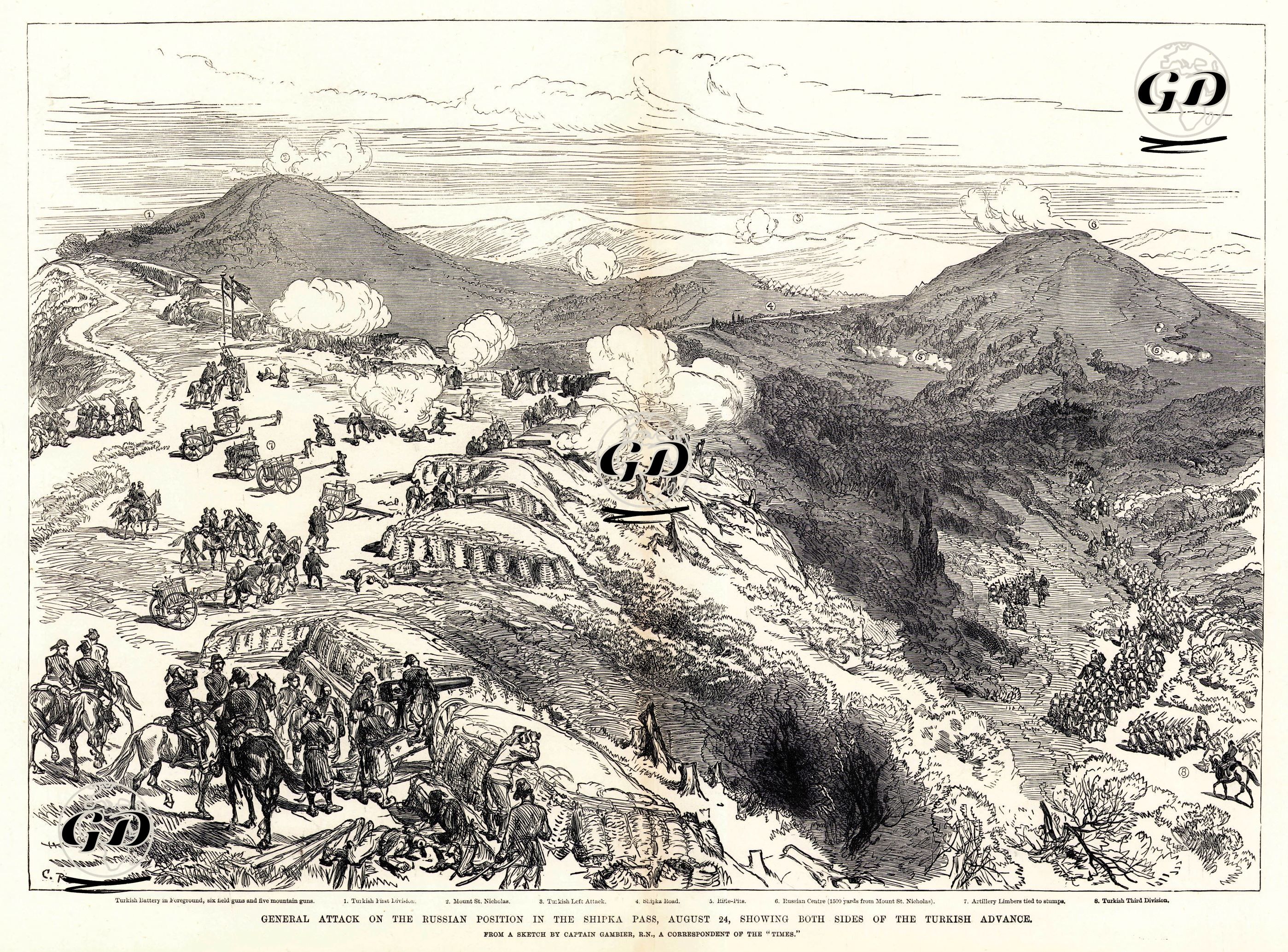 1877-1878 Osmanlı-Rus Savaşı (93 Harbi) Sırasında Şıpka Geçitini Ruslardan Geri Almak İçin 24 Ağustos 1877 Tarihinde Türk Kuvvetlerin Çift Taraflı Saldırısı-Türklere Ait Önde Altı Adet Sahra Ve Beş Adet Dağ Topu-1.Türk Ordusunun Birinci Bölüğü 2.St.Nicholas Dağı 3.Türk Kuvvetlerinin Sol Taraftan Yaptıkları Saldırı 4.Şıpka Yolu 5.rite pite?? 6.St.Nicholas Dağından 1370 Metre Uzaklıktaki Rus Merkezi 7.Kütüklere Bağlanmış Cephane Arabaları 8.Türk Ordusunun Üçüncü Bölüğü -  - 1877