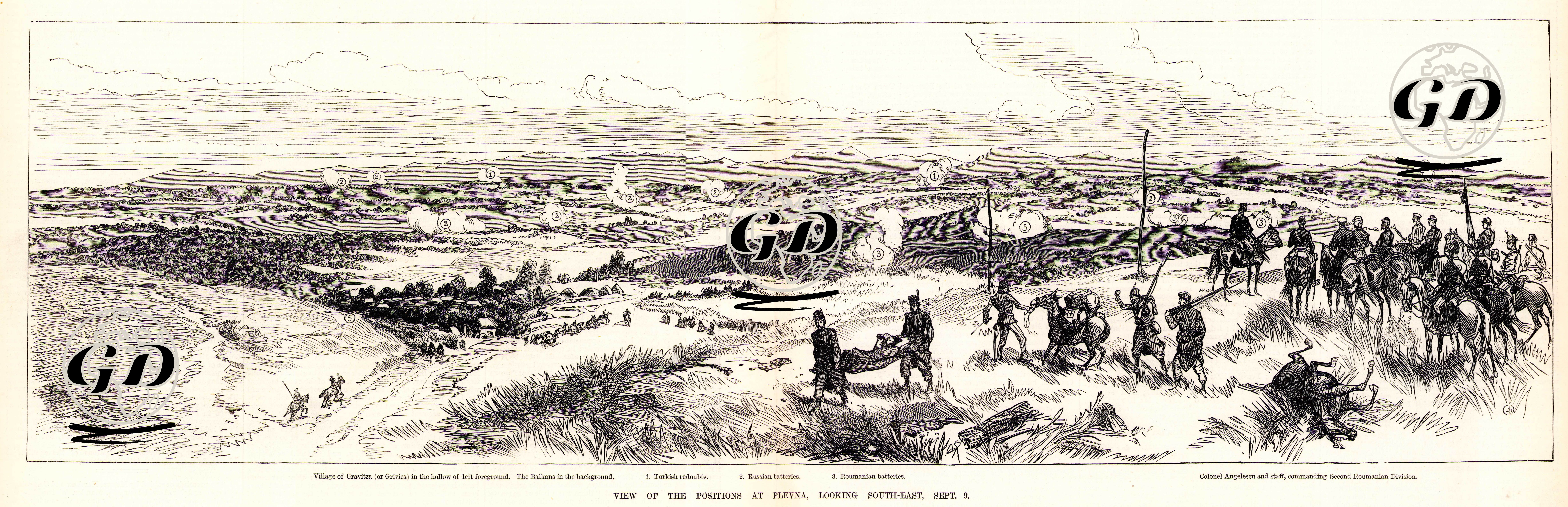 1877-1878 Osmanlı-Rus Savaşı (93 Harbi) Sırasında 09 Eylül 1877 Tarihi İtibariyle Plevne'de Güneydoğudan Bakıldığında Türk ve Rus Kuvvetlerinin Pozisyonu-Gravürün Sol Ön Taraftaki Boslukta Grivitsa Köyü ve
Arkada Balkanlar 1.Türk Tabyaları 2.Rus Topçular 3.Romanyalı(Romen) Topçular -  - 1877