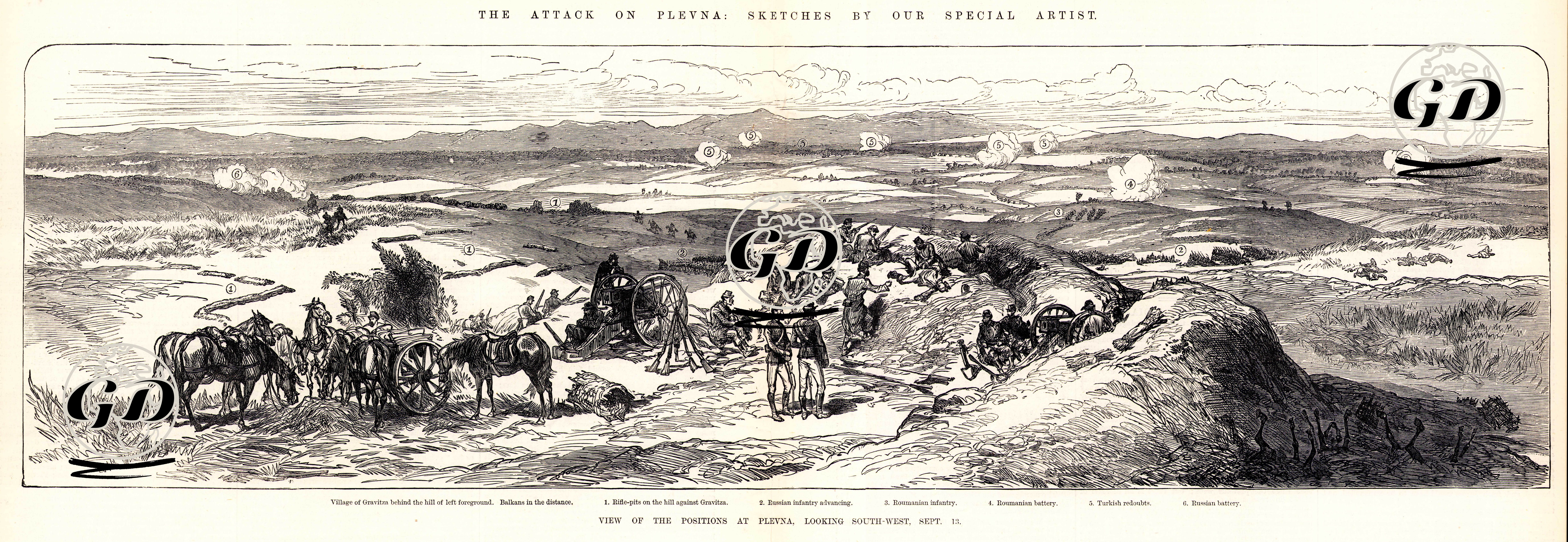 1877-1878 Osmanlı-Rus Savaşı (93 Harbi) Sırasında 13 Eylül 1877 Tarihi İtibariyle Plevne'de Güneybatıdan Bakıldığında Türk ve Rus Kuvvetlerinin Pozisyonu-Gravürün Sol Arka Tarafında Tepelerin Arkasında Grivitsa Köyü Ve Uzaklarda Balkanlar 1. Grivitsa Köyünün Karşısındaki Tepelerde Piyade Siperleri 2. Rus Piyadelerinin Saldırısı 3.Romanyalı(Romen) Piyadeler 4.Romanyalı(Romen) Topçular 5.Türk Tabyaları 6.Türk Topçuları -  - 1877