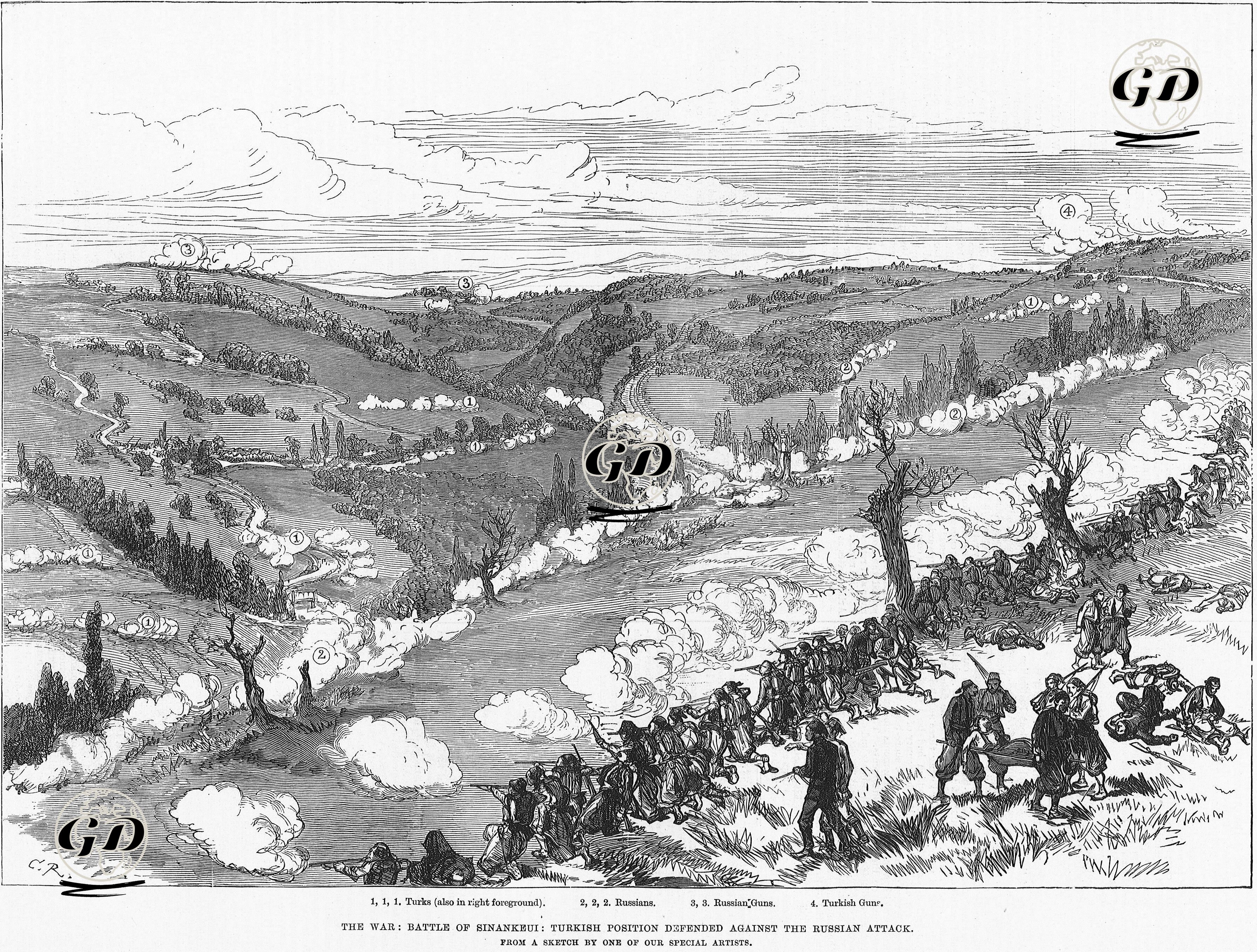 The War, Battle Of Sinankeui, Turkish Position Defended Against The Russian Attack, 1.Turks 2.Russians 3.Russian Guns 4.Turkish Guns -  - 1877