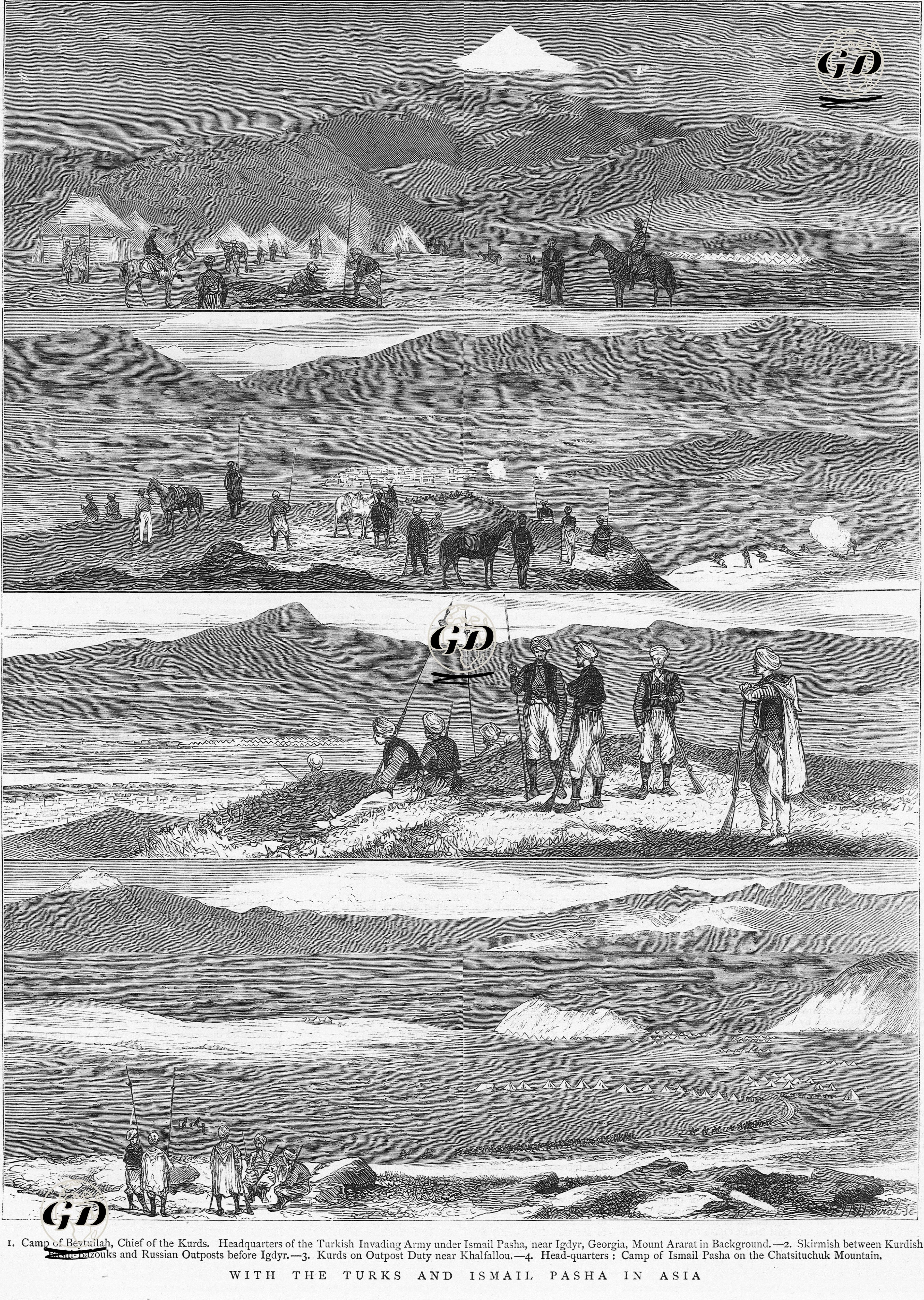 1877-1878 Osmanlı-Rus Savaşı (93 Harbi) Sırasında Kafkas Cephesinde Türkler Ve İsmail Paşa 1.Kürt Lider Şeyh U.Beytullah'ın Kampı İle İsmail Paşa Komutasındaki Ordunun Iğdır Yakınlarındaki Kampı  Ve Ağrı Dağı İle 
Gürcistan 2.Iğdır Önlerinde Kürt Başıbozuklar ile Rus Kuvvetleri Arasında Çatşma 3.KürtLer Keşif Görevinde 4.İsmail Paşanın Kampı -  - 1877