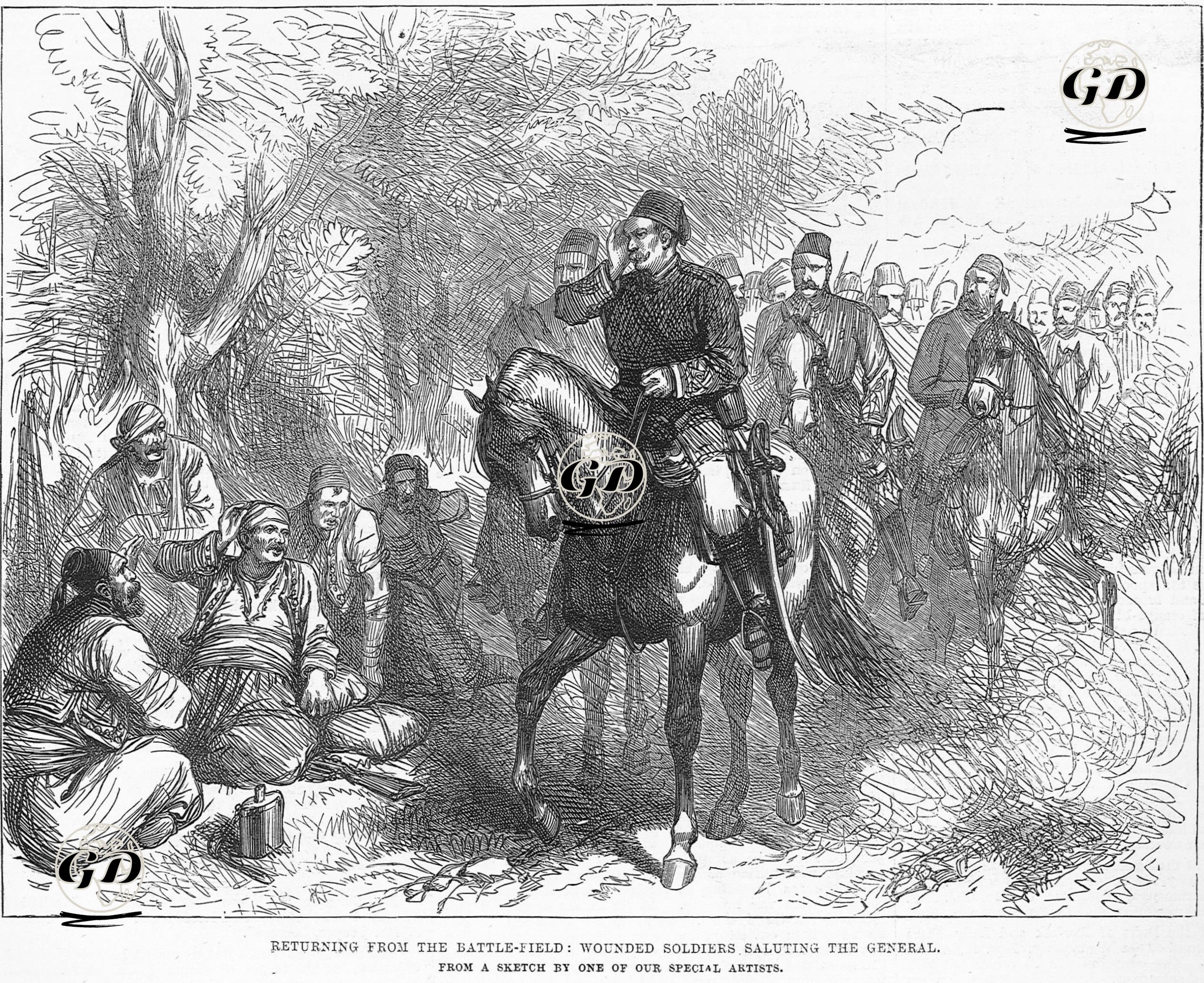 The War-Turkish Army On The Road To Biela-Returning From The Battle-Field, Wounded Soldiers Saluting The General -  - 1877
