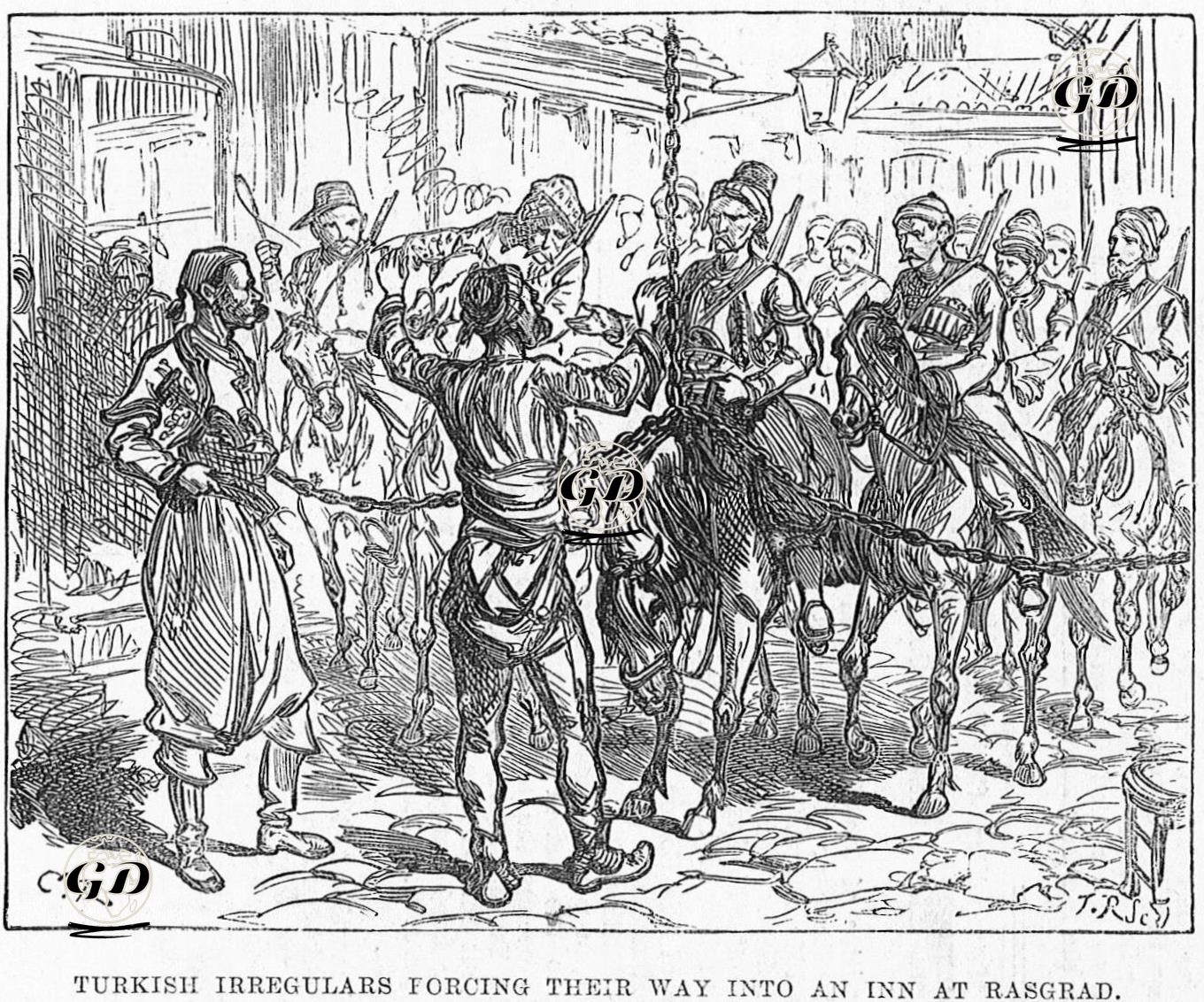 1877-1878 Osmanlı-Rus Savaşı (93 Harbi) Sırasında Razgrad'da Bir Hana Girmek İsteyen Türk Başıbozuklar  -  - 1877