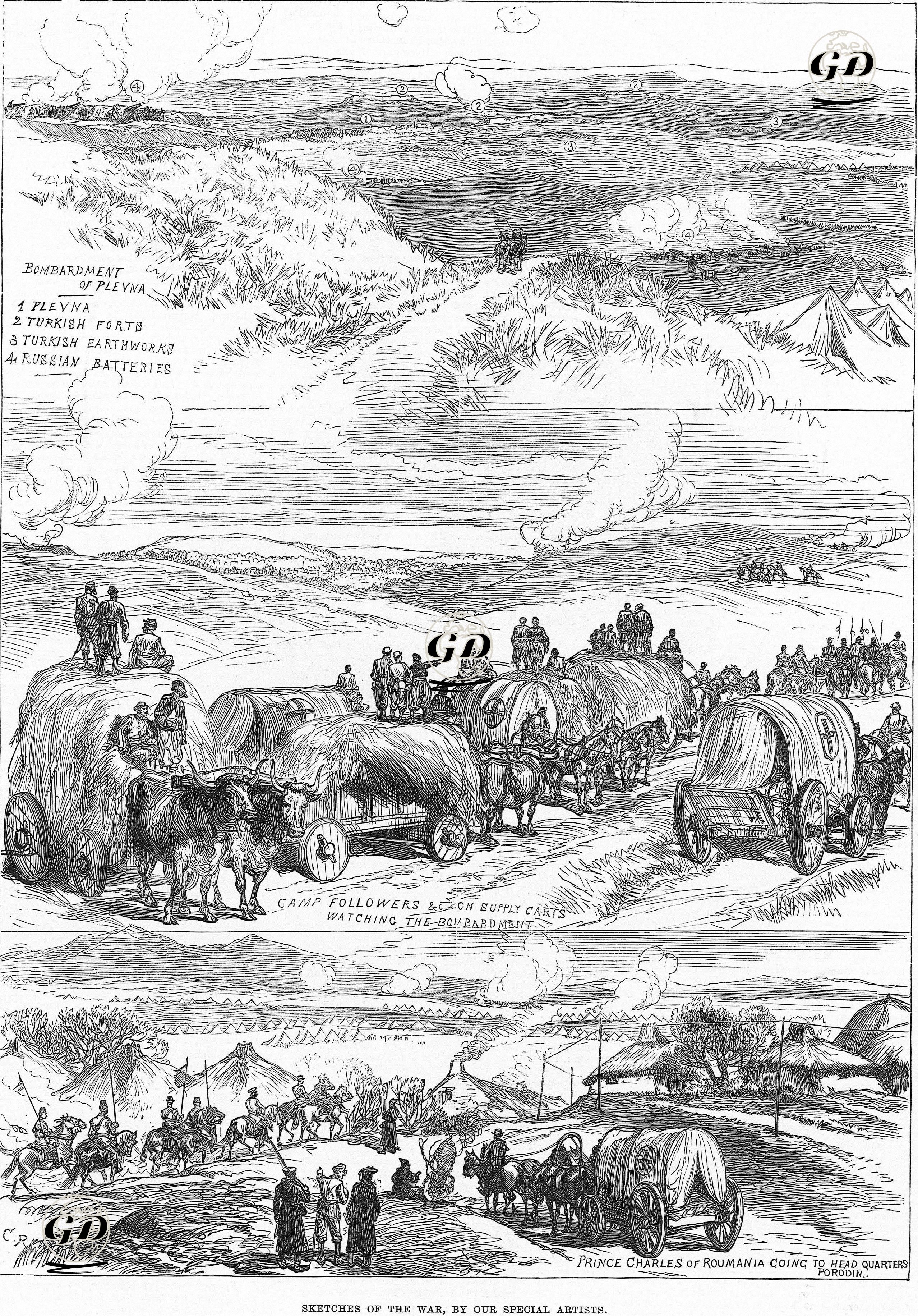 1877-1878 Osmanlı-Rus Savaşı (93 Harbi) Sırasında Plevne'nin Bonbalanması, 1.Plevne 2.Türk Kaleleri 3.Türk Toprak Tabyaları 4.Rus Topları-Bombardımanı Seyredenler-Romanya Prensi Cherles'in Porodin'deki 
Karargahına Gidişi -  - 1877