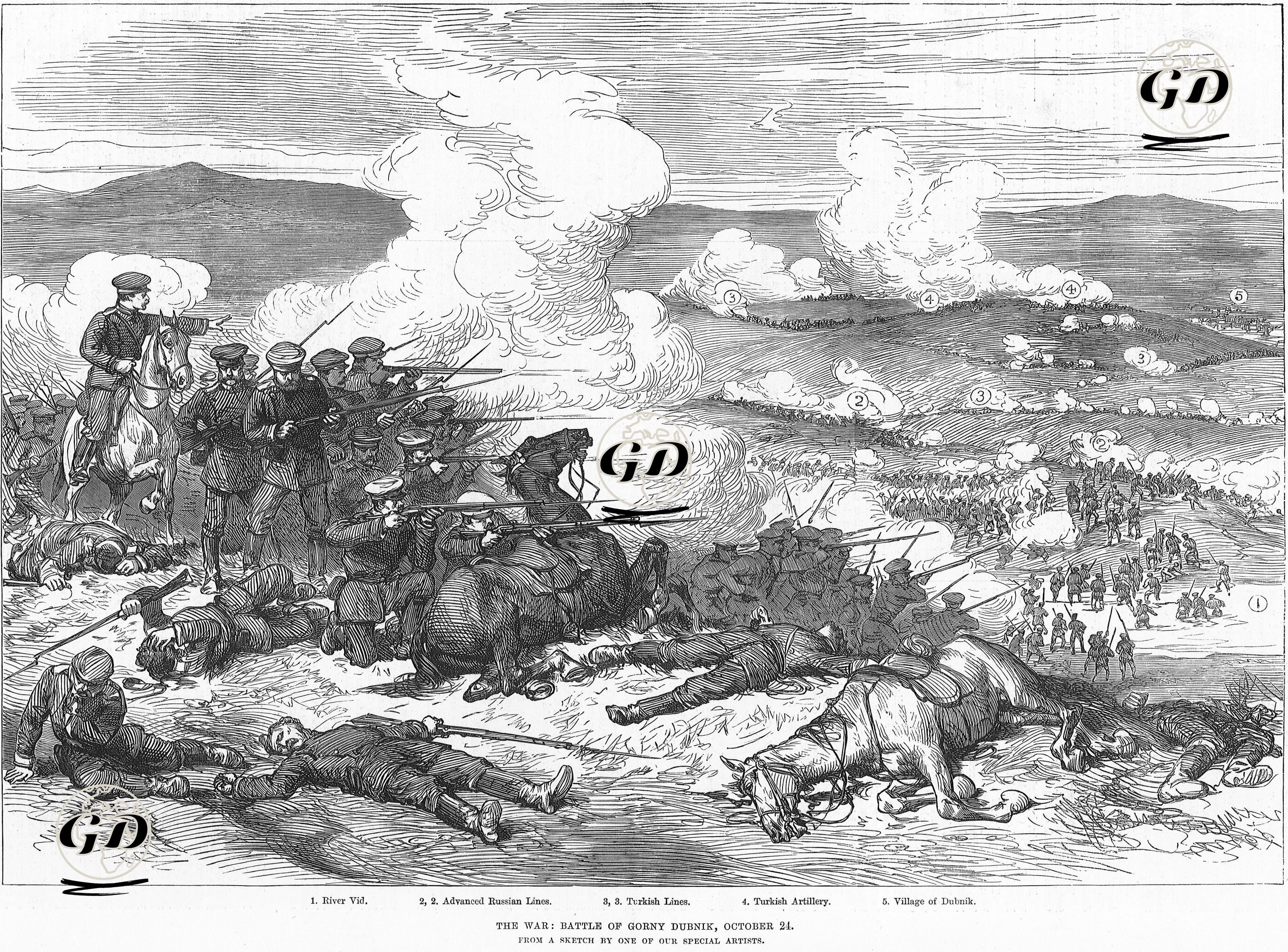 1877-1878 Osmanlı-Rus Savaşı (93 Harbi) Sırasında 24 Ekim 1877 Tarihinde Gerçekleşen Gorny Dubnik Savaşı-1.Vid Nehri 2.En ilerideki Rus Cepheleri 3.Türk Cepheleri 4.Türk Topçuları 5.Dubnik Köyü -  - 1877