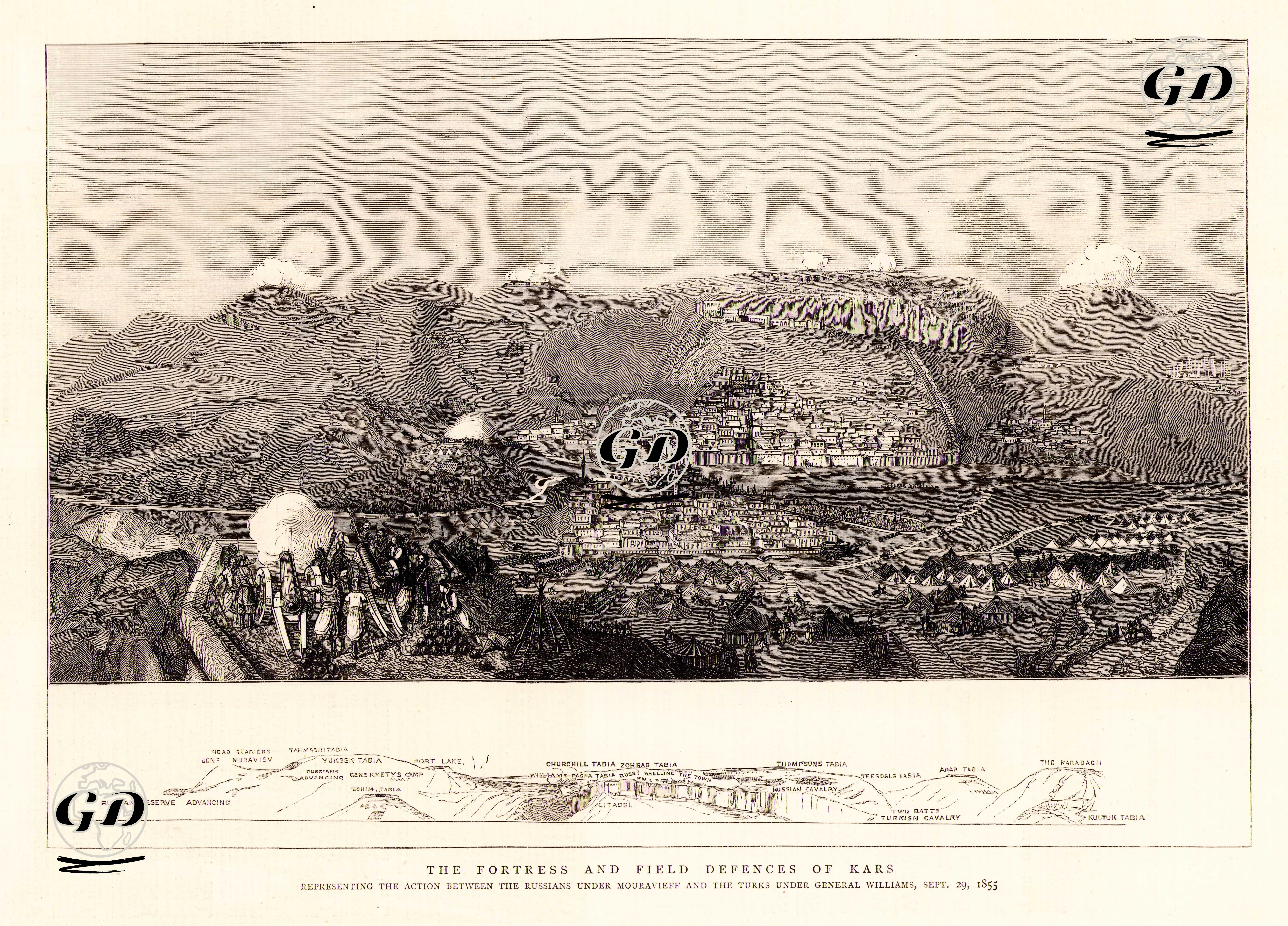 1853-1856 Osmanlı-Rus Savaşı (Kırım Savaşı) Sırasında 29 Eylül 1855 Tarihinde General Williams Kumandasındaki Türk Ordusunun General Mouravieff Kumandasındaki Rus Ordusuna Karşı Yaptığı Kars Savunması Ve Kars Kalesi-Rus Yedek Kuvvetleri-General Mouravieff'in Karargahı-Tahmasp Tabyası-Yüksek Tabya-General Kmety'in Kampı-Tichim Tabyası-Kale Göl-Churchill Tabyası-Zohrab Tabyası-Williams Paşa Tabyası-Bombardıman-Kasaba-Kale-Thompsons Tabya-Rus Ordusu Süvarileri-Teesdale Tabya-Türk Ordusu Süvarileri-Arap Tabyası-Karadağ Tabyası-Kultuk Tabyası -  - 1877