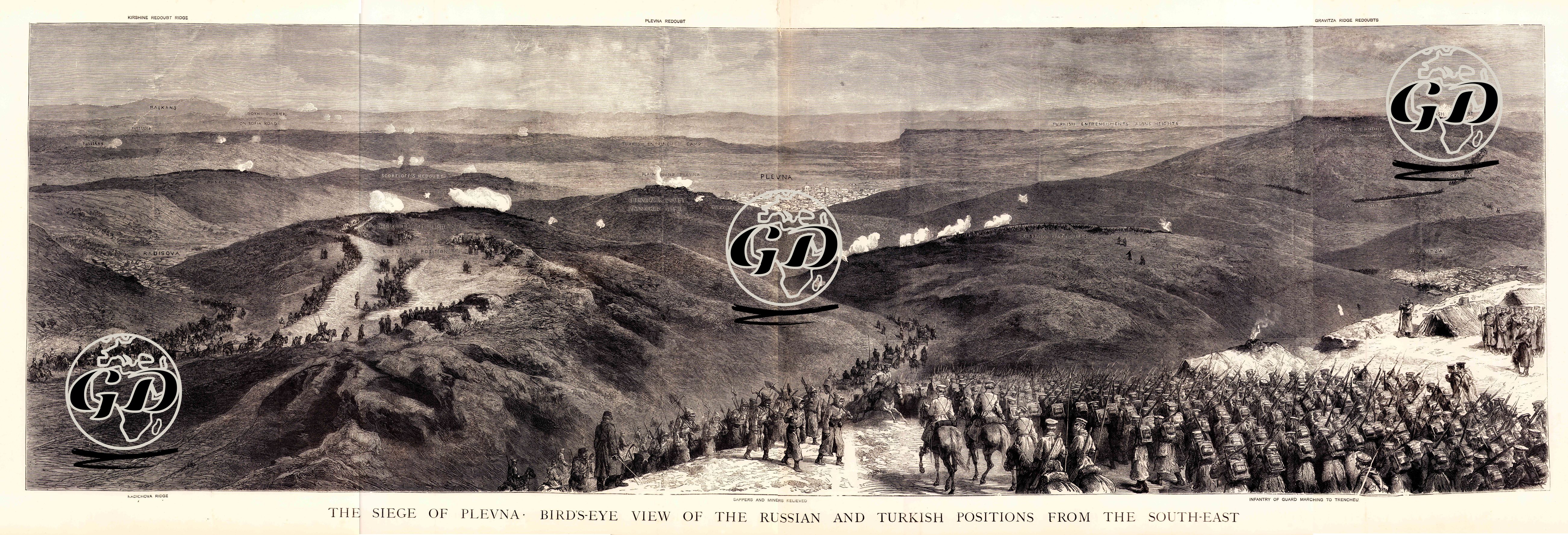 1877-1878 Osmanlı-Rus Savaşı (93 Harbi) Sırasında Plevne Kuşatmasında Türk Rus Ordularının Posizyonlarının Güney Doğudan Kuş Bakışı Görünümü-Kirshine Tepesi Tabyası, Plevne Tabyası, Gravitza Tepesi Tabyası, Radichova Tepesi, İşlerini Bitirmiş Olan İstihkamcılar Ve Madenciler, Siperlere Giden Rus Piyade Askerleri -  - 1877