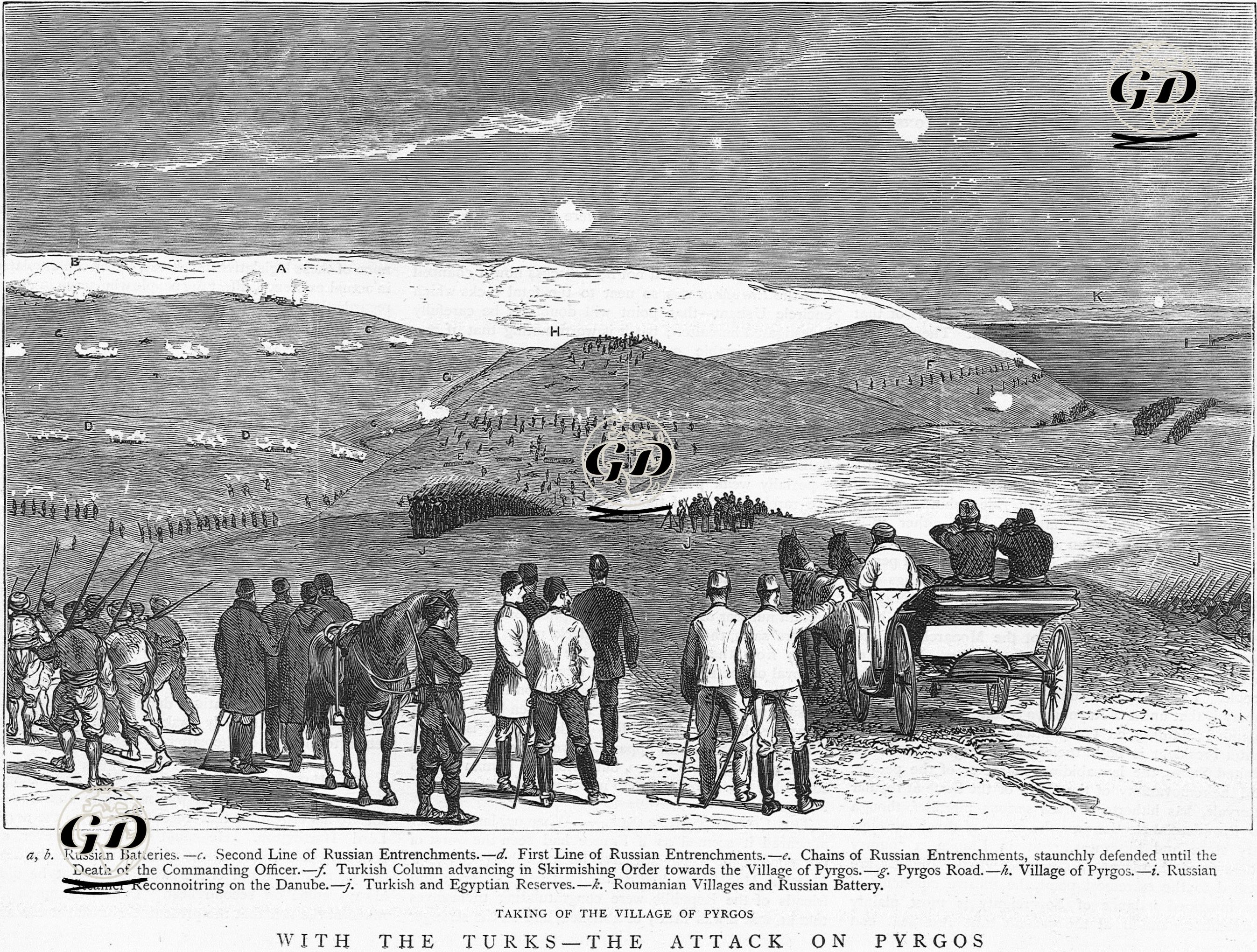 1877-1878 Osmanlı-Rus Savaşı (93 Harbi) Sırasında Türk Ordusunun Burgaz Saldırısı Ve Burgaz'ı Alması-a.b.Rus Topçuları c.İkinci Sıra Rus Siperleri d.Birinci Sıra Rus Cepheleri e.Rus Kumandan Ölünsys Kadar Türk Saldırılarılarının Durdurulduğu Siperler f.Burgaz'ı Almak İçin İlerleyen Türk Birliği g.Burgaz Yolu h.Burgaz i.Savaşı İzleyen Tuna Nehrindeki Rus Buharlı Gemisi j.Çatışmaya Girmek İçin Bekleyen Türk ve Mısırlı Askerler k.Romen Kasabası Ve Rus Topçuları -  - 1877