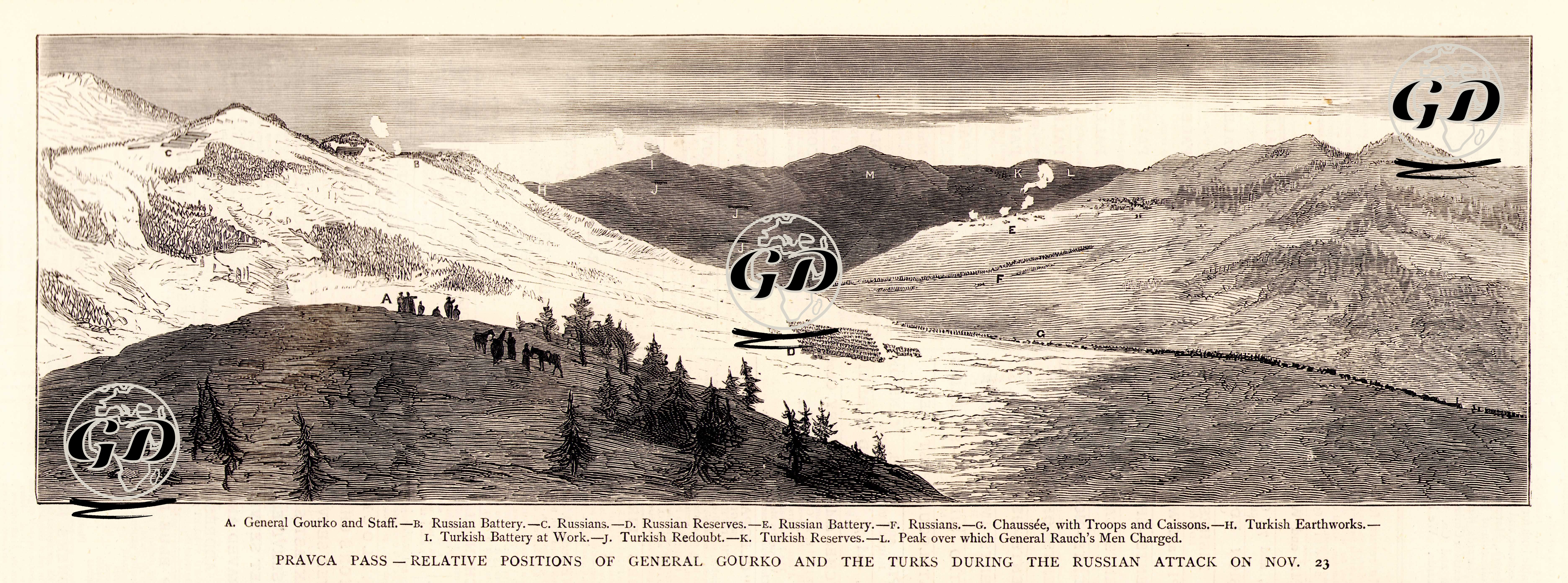 1877-1878 Osmanlı-Rus Savaşı (93 Harbi) Sırasında Pravca Geçitinde 23 Kasım 1877 Tarihinde Rus Saldırısı Sırasında General Guorko Komutasındaki Rus Kuvvetleri İle Türk Kuvvetlerinin Pozisyonları-A.General Guorko Ve Komutanları B.Rus Topçular C.Rus Kuvvetleri D.Rus Yedek Askerleri E.Rus Topçuları F.Rus Kuvvetleri G.Gelen Cephane Ve Askerler H.Türk Toprak Tabyaları İ.Türk Topçuları J.Türk Tabyaları K.Türk Yedek Askerleri L.General Rauch'un Kuvvetlerinin Saldırdığı Tepeler -  - 1877