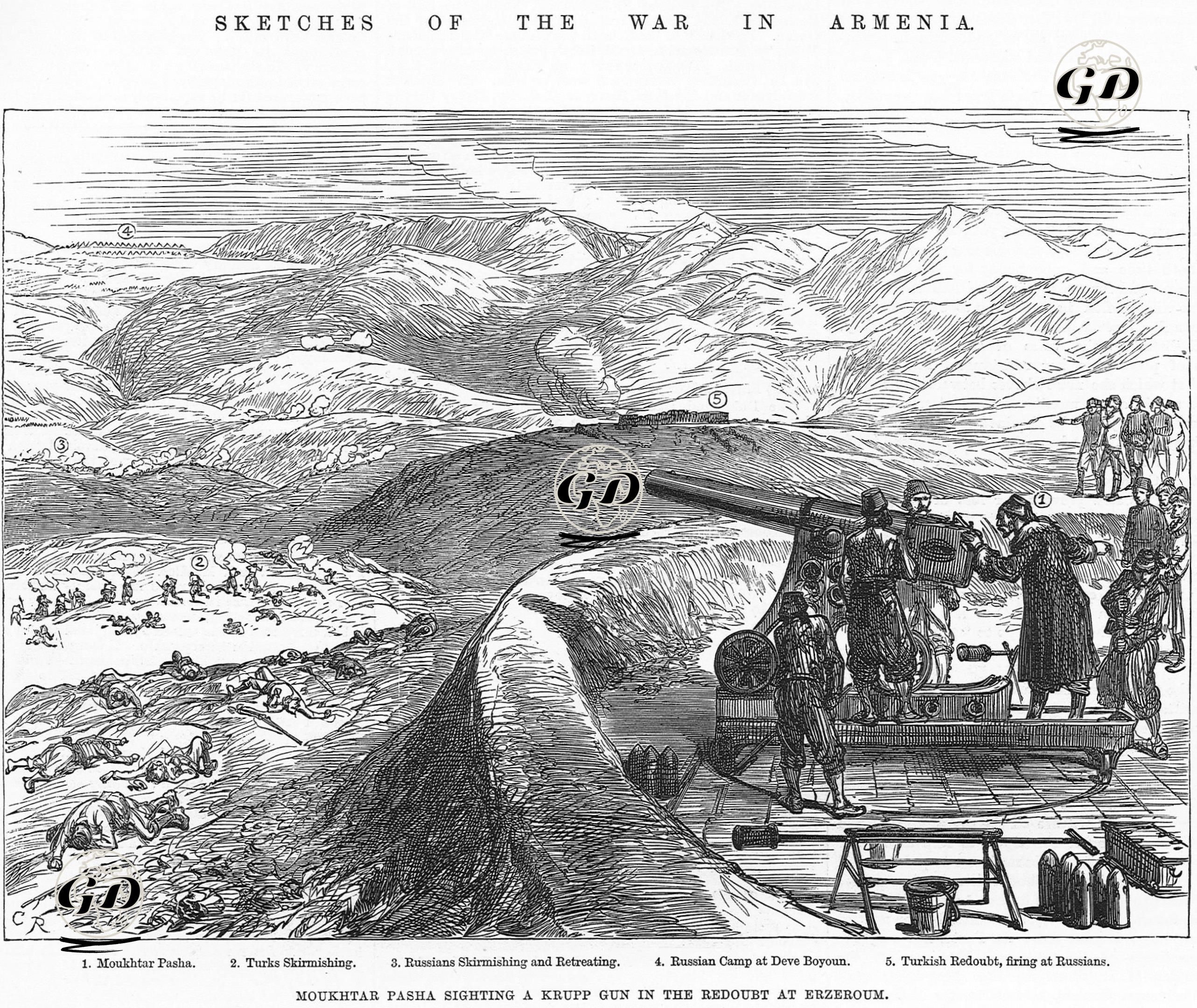 1877-1878 Osmanlı-Rus Savaşı (93 Harbi) Sırasında Ahmet Muhtar Paşa'nın Erzurrum'daki Tabyalardan Bir Krupp Topu İle Nişan Alması-1.Ahmet Muhtar Paşa 2.Türk Saldırısı 3.Rus Saldırısı Ve Geri Çekilmesi 4.Deve Boynun'daki Rus Kampı 5.Ruslara Ateş Eden Türk Tabyası -  - 1877