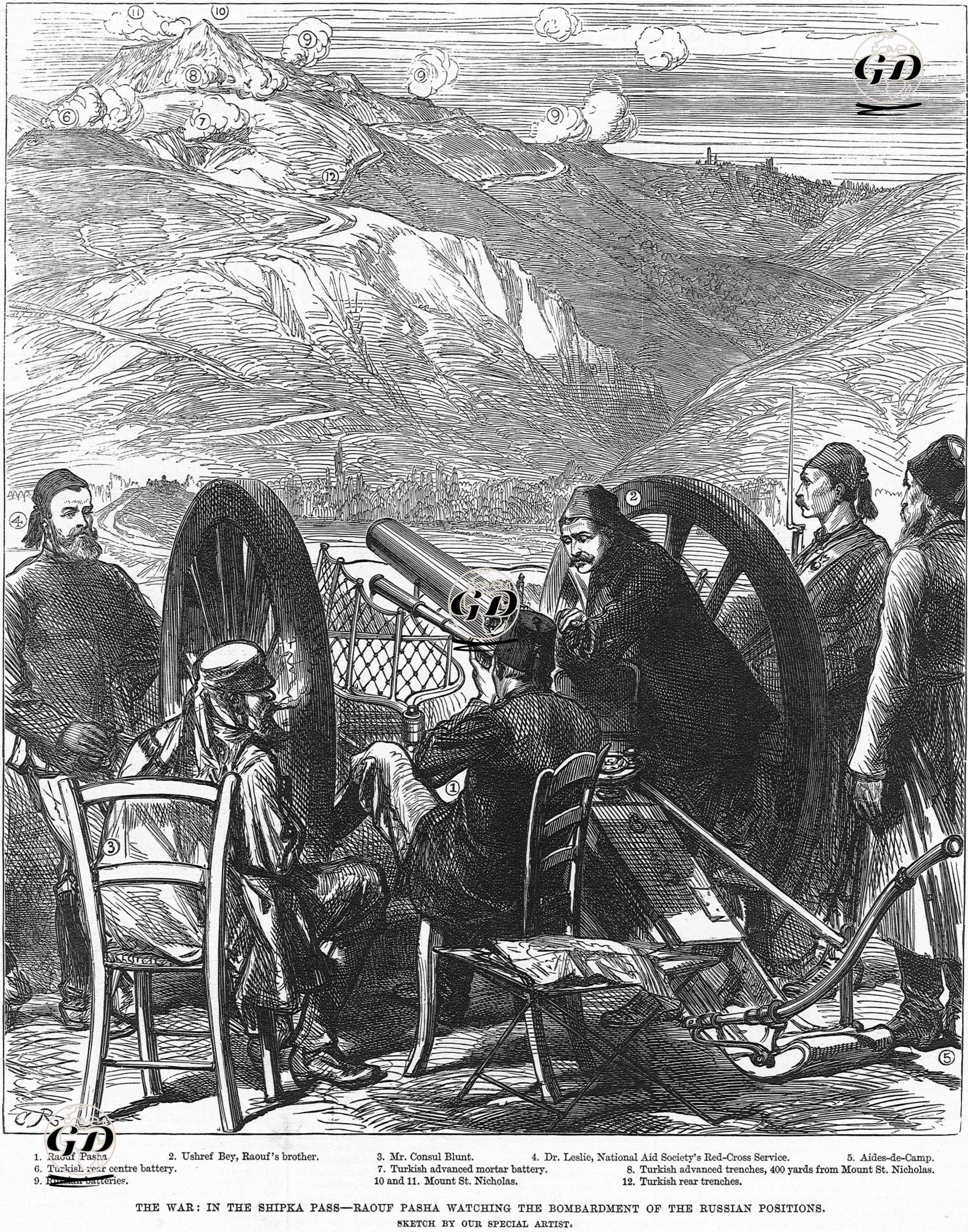 1877-1878 Osmanlı-Rus Savaşı (93 Harbi) Sırasında Şıpka Savaşlarında Rauf Paşa Bombalanan Rus Kuvvelerinin Durumunu İncelemesi-1.Rauf Paşa 2.Rauf Paşa'nın Kardeşi Eşref Bey 3.Mr.Consul Blunt 4.Dr. Leslie, Kızılhaç Temsilcisi 5.Emir Subayı 6.Türklerin Arka Orta Topları 7.Türklerin Öndeki Havan Topları 8.St.Nicholas Dağına 350 Metre Yakınlıktaki Türklerin Ön Siperleri 9.Rus Topçuları 10.11.St.Nicholas Dağı 12.Türklerin Arka Siperleri -  - 1877