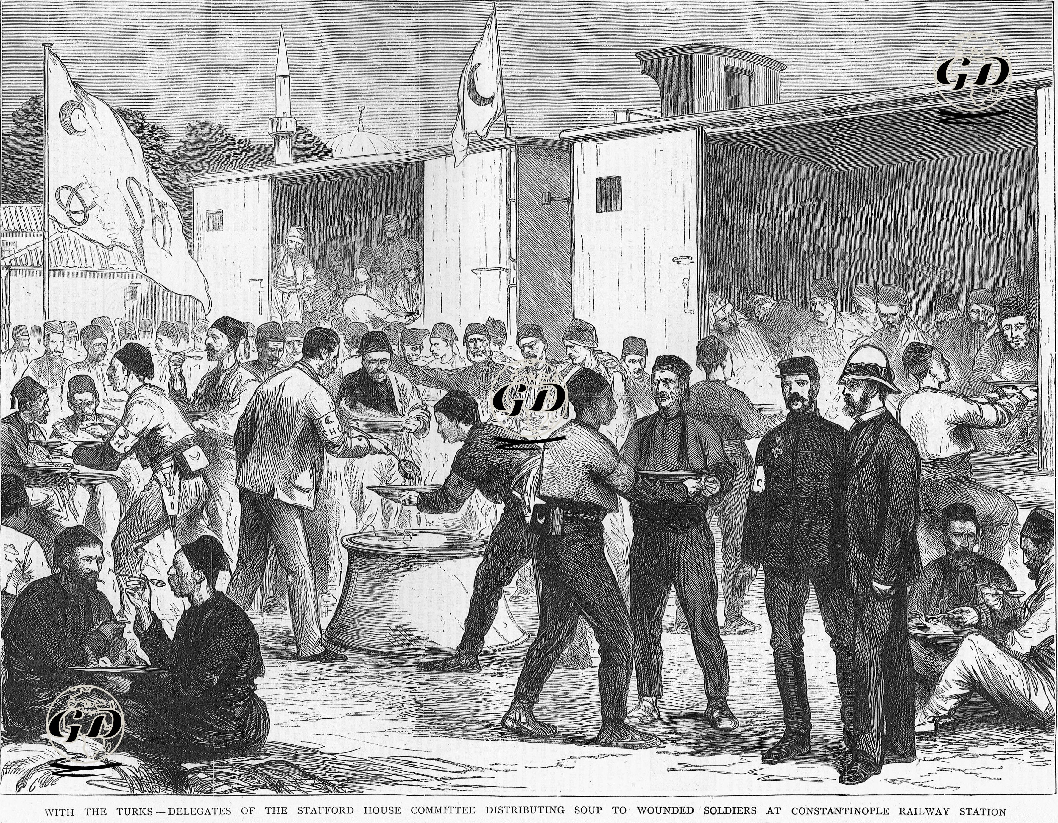 With The Turks-Delegates Of The Stafford House Committee Distributing Soup To Wounded Soldiers At Constantinople Railway Station -  - 1877
