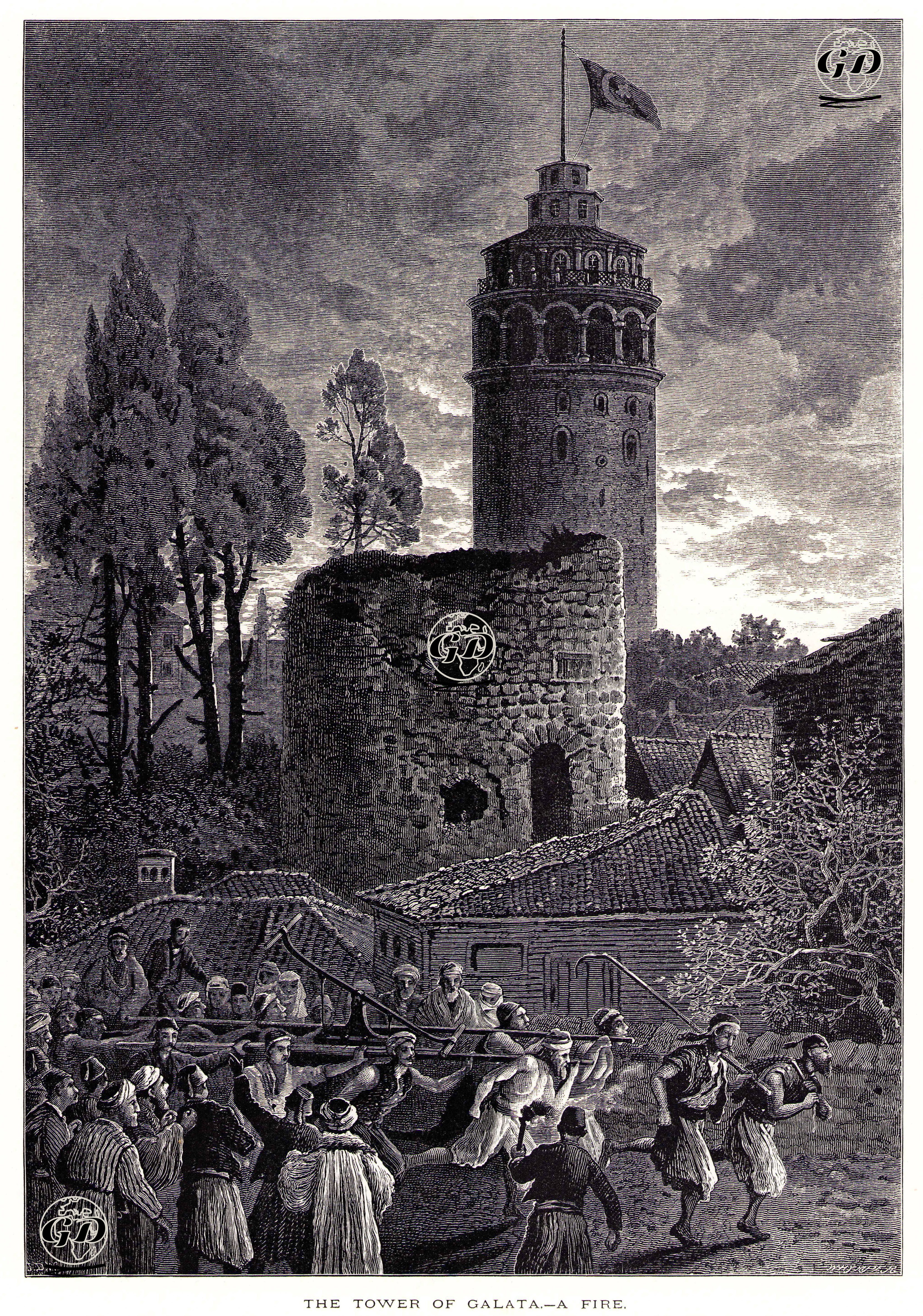 Galata Kulesi Ve Yangına Giden İtfaiyeciler (Tulumbacılar) -  - 1875