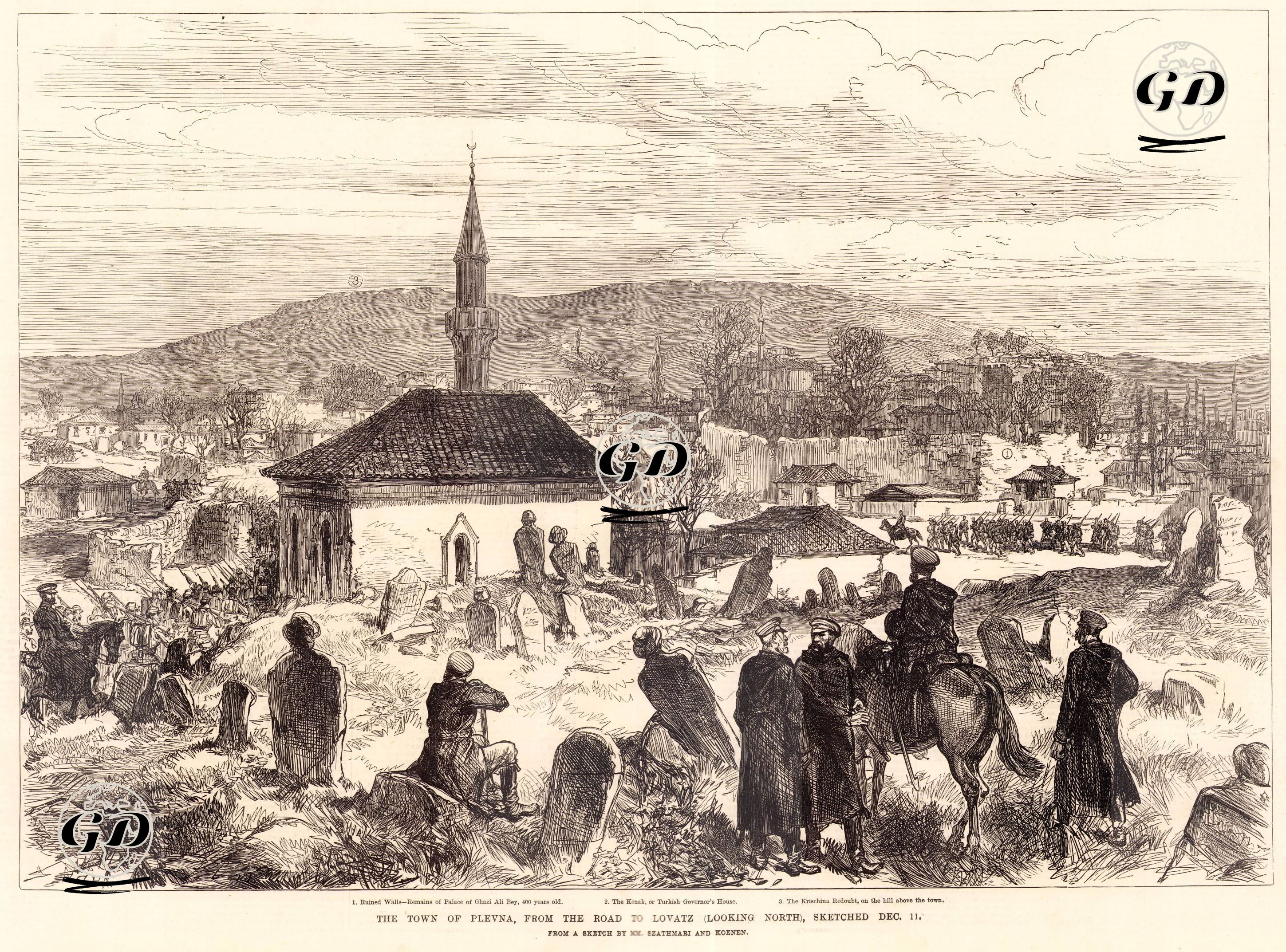 1877-1878 Osmanlı-Rus Savaşı (93 Harbi) Sırasında 11 Aralık 1877 Tarihinde Plevne Kasabası-1.400 Yıllık Gazi Ali Beyin Sarayından Kalan Yıkılmış Duvarlar 2.Türk Valisinin Konağı 3.Kasabanın Üstündeki Tepedeki Krischina Tabyası - C.Robinson - 1878