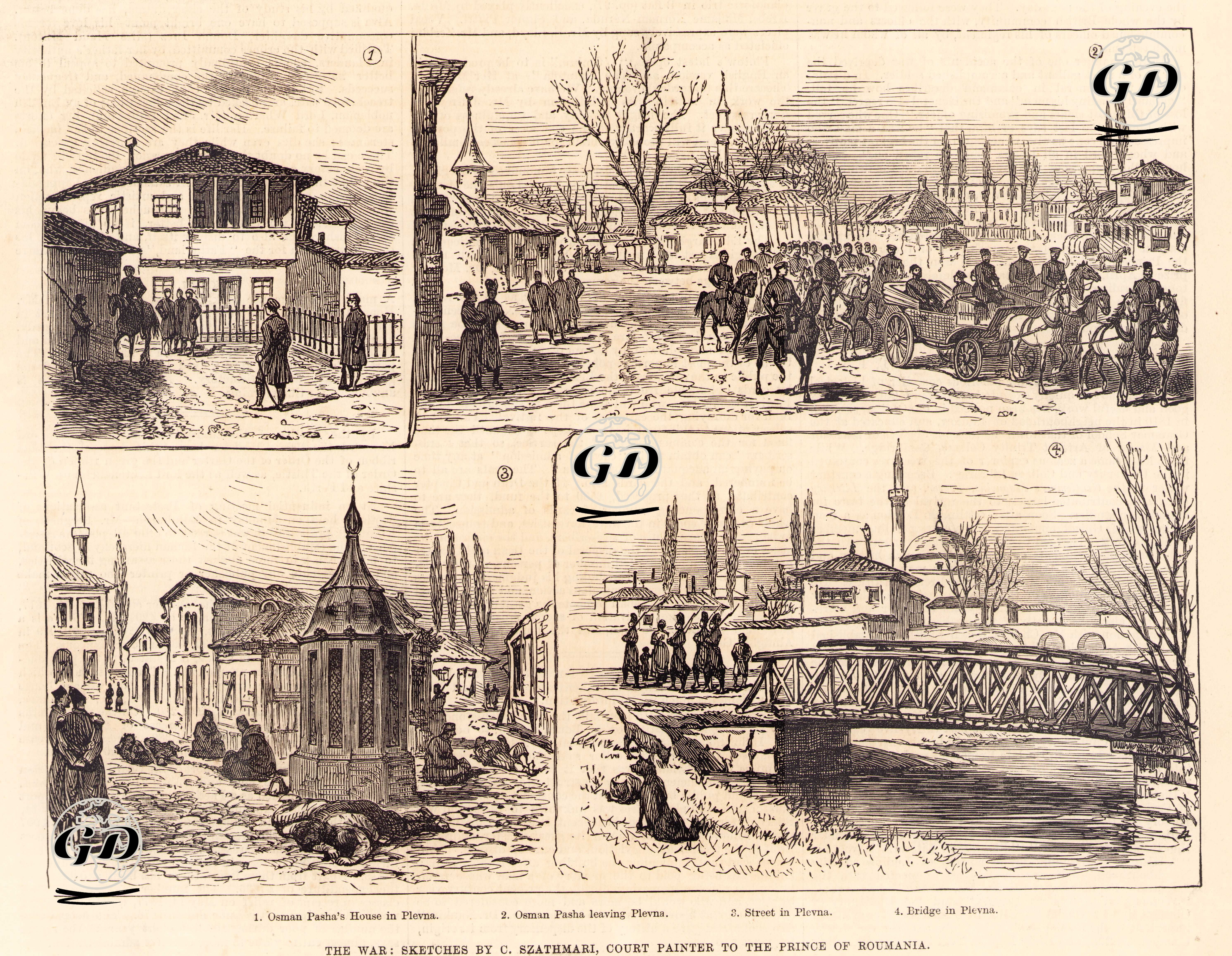 1877-1878 Osmanlı-Rus Savaşı (93 Harbi) Sırasında-1.Plevne'de Gazi Osman Paşa'nın Evi 2.Gazi Osman Paşa'nın Plevne'den Ayrılması 3.Plevne'de Bir Cadde 4.Plevne'de Köprü - Carol Szathmari (1812-1887) - 1878