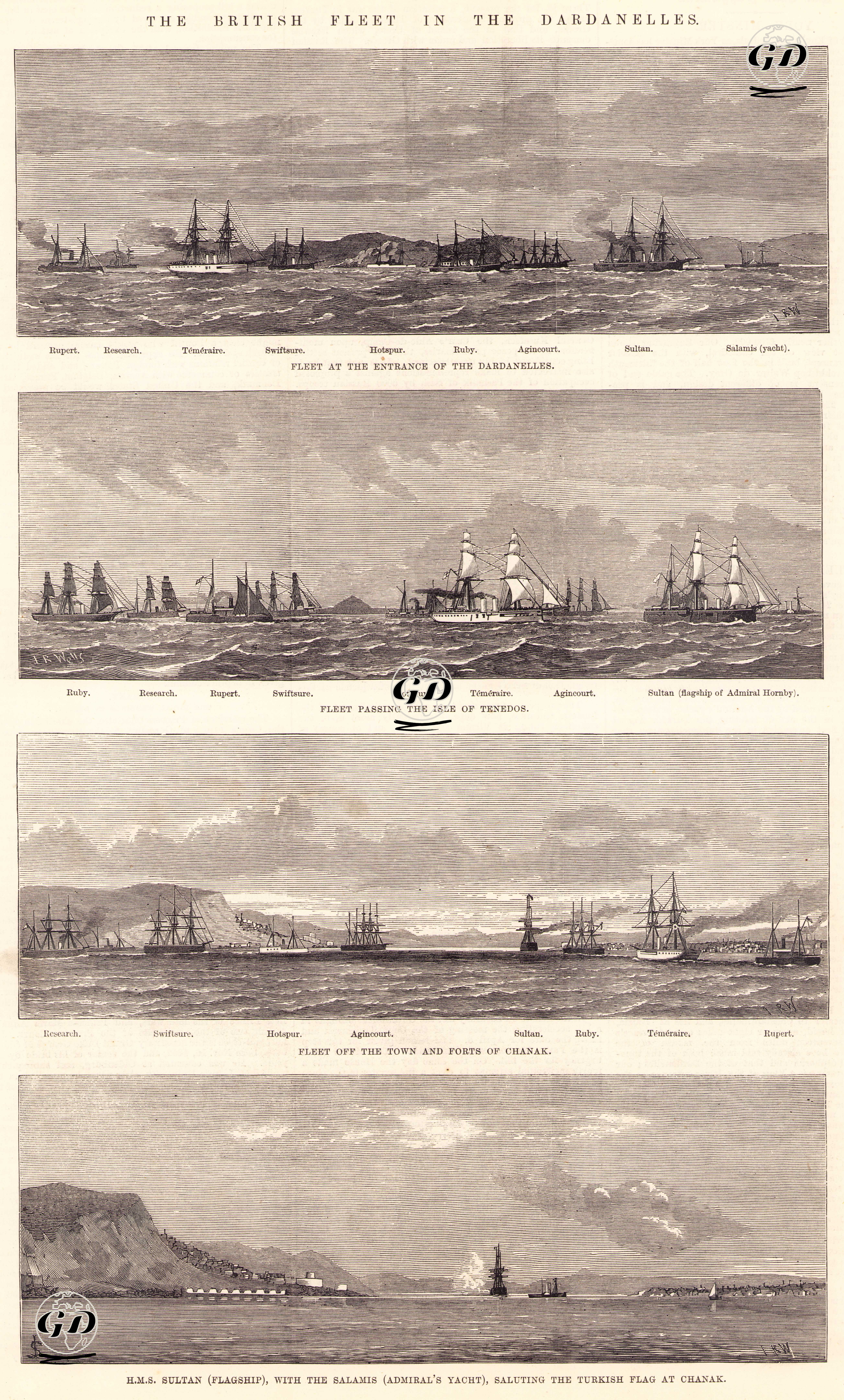 British Fleet in The Dardanelles-Fleet At The Entrance Of The Dardanelles(Rupert, Research,Temeraire, Swiftsure, Hotspur, Ruby, Agincourt, Sultan, Salamis)-Fleet Passing Isle Of Tenedos-Fleet Off The Town Anf Forts Of Chanak- HMS Sultan(Flagship) With The Salamis (Admiral's Yacht) Saluting The Turkish Flag At Chanak - Josiah Robert Wells (1849-1897) - 1878