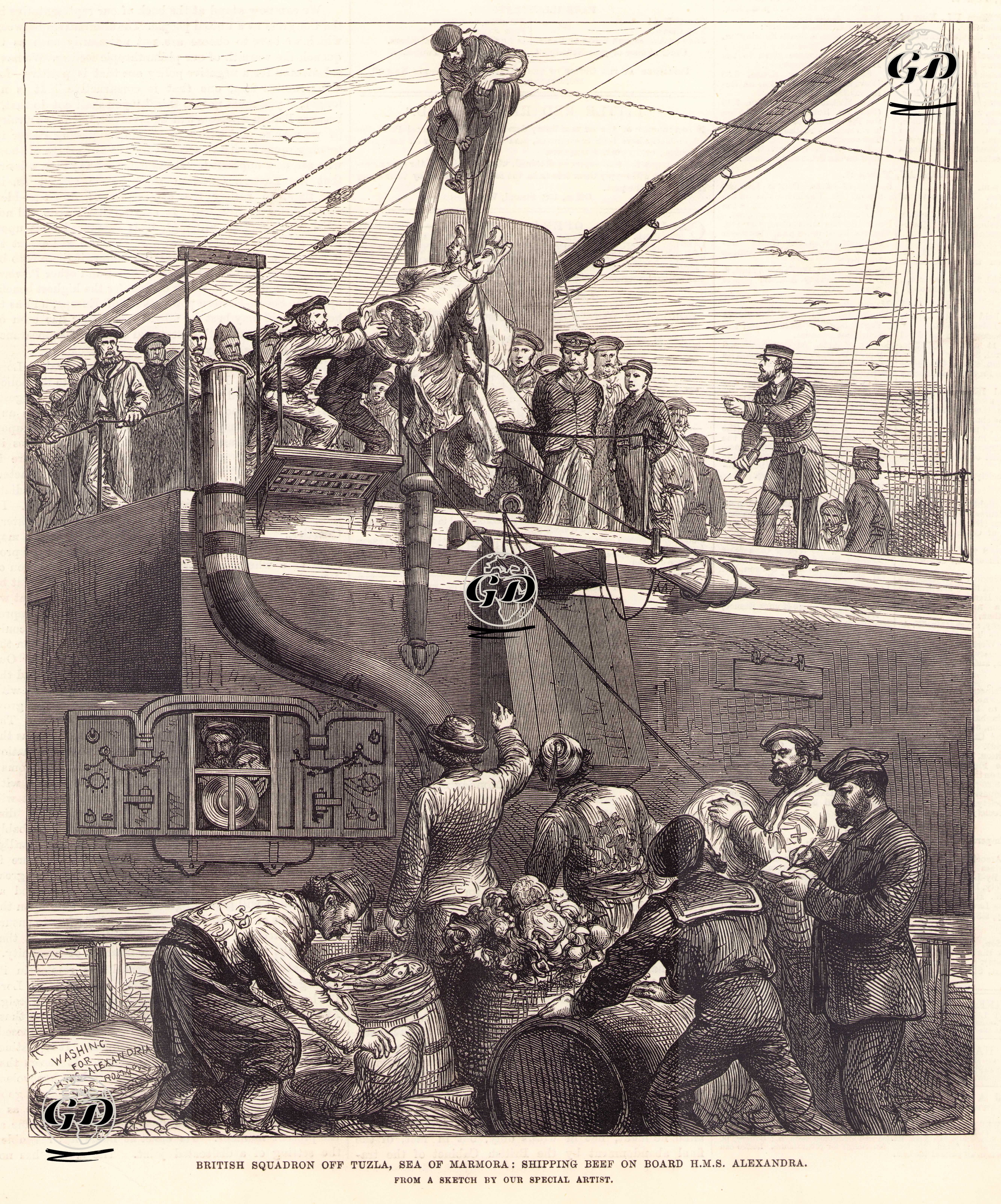 1877-1878 Osmanlı-Rus Savaşı (93 Harbi) Sırasında Marmara Denizinde Tuzla Açıklarıda Bulunan İngiliz Donanmasına Bağlı "HMS Alexandra" İsimli Gemiye Yiyecek Yüklenmesi -  - 1878