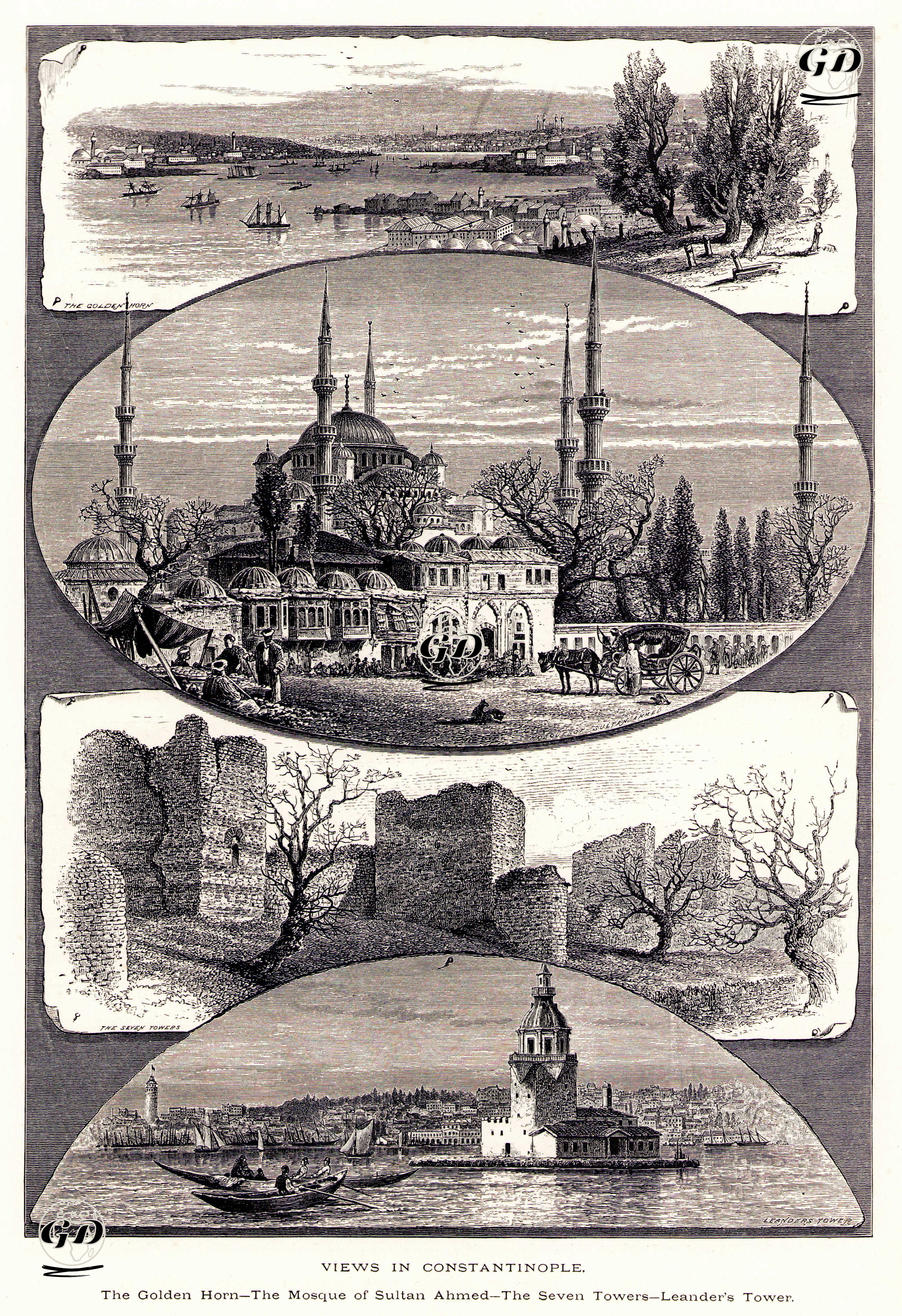 İstanbul Manzaraları, Haliç, Sultan Ahmet Cami, Yedi Kule, Kızkulesi -  - 1875
